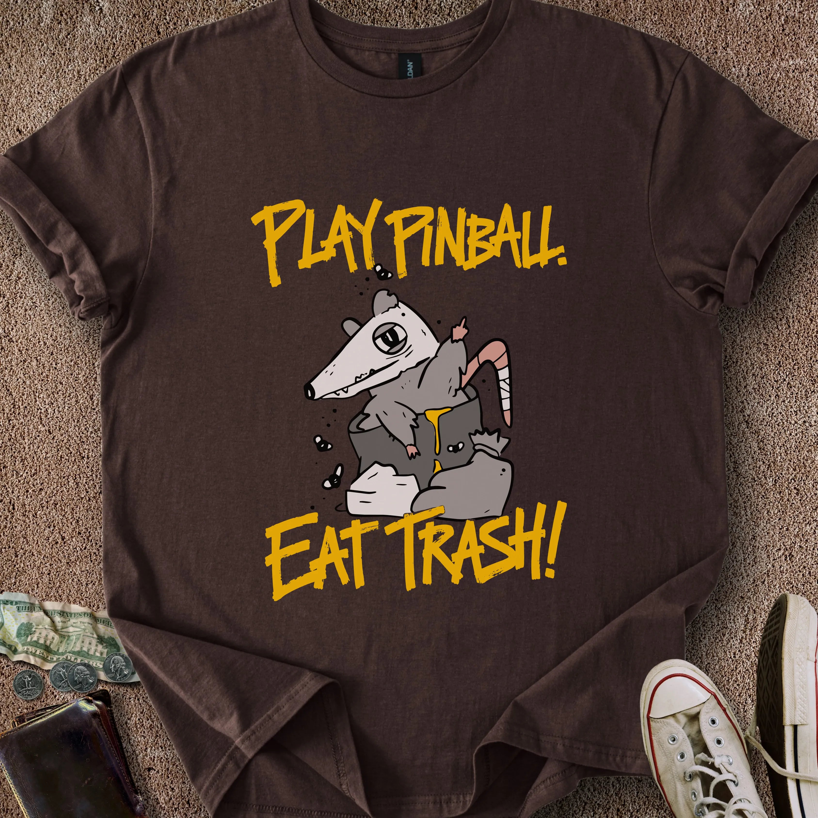 Printify T-Shirt Dark Chocolate / S Play Pinball Eat Trash T-Shirt
