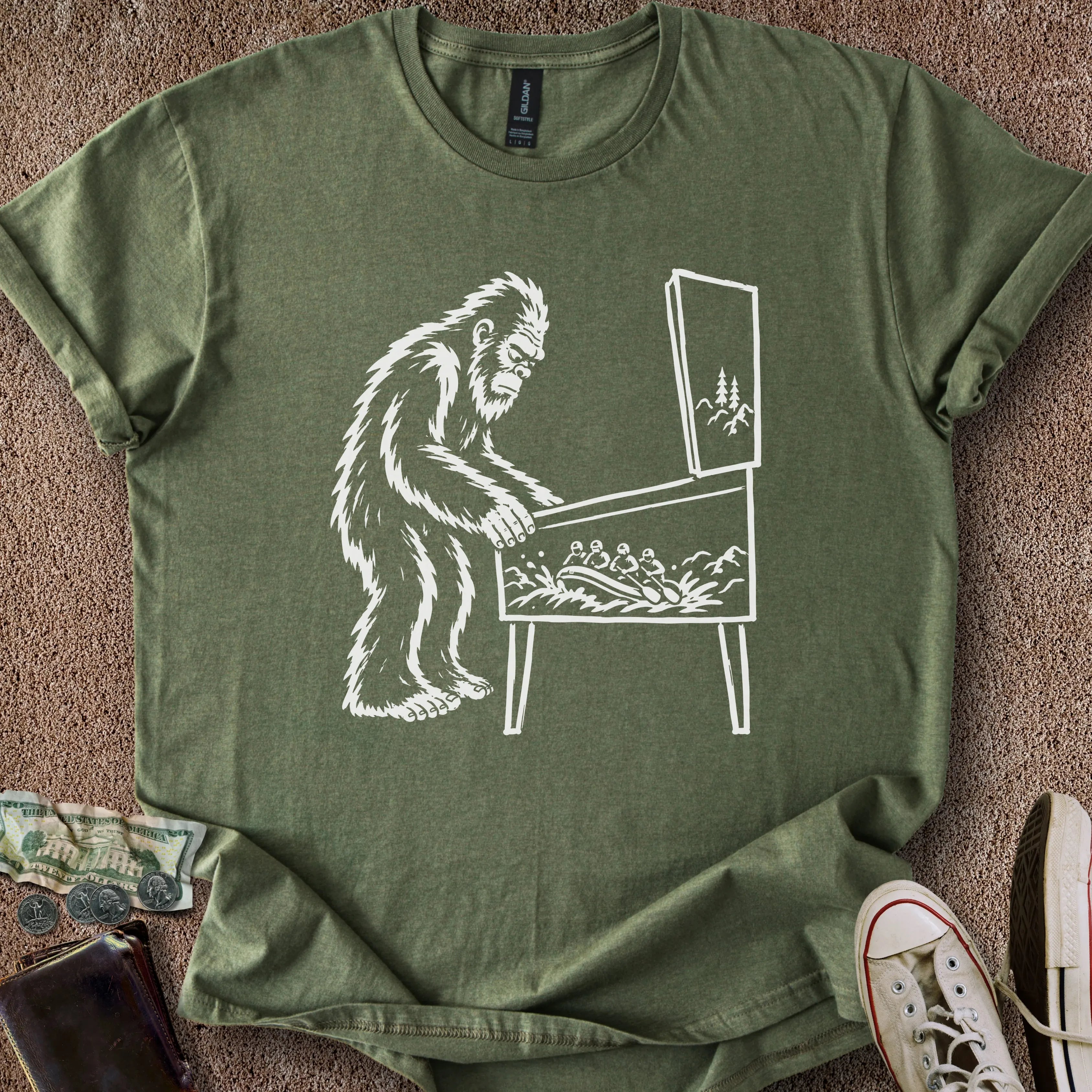 Printify T-Shirt Military Green / S 0182_bigfoot playing pinball T-Shirt