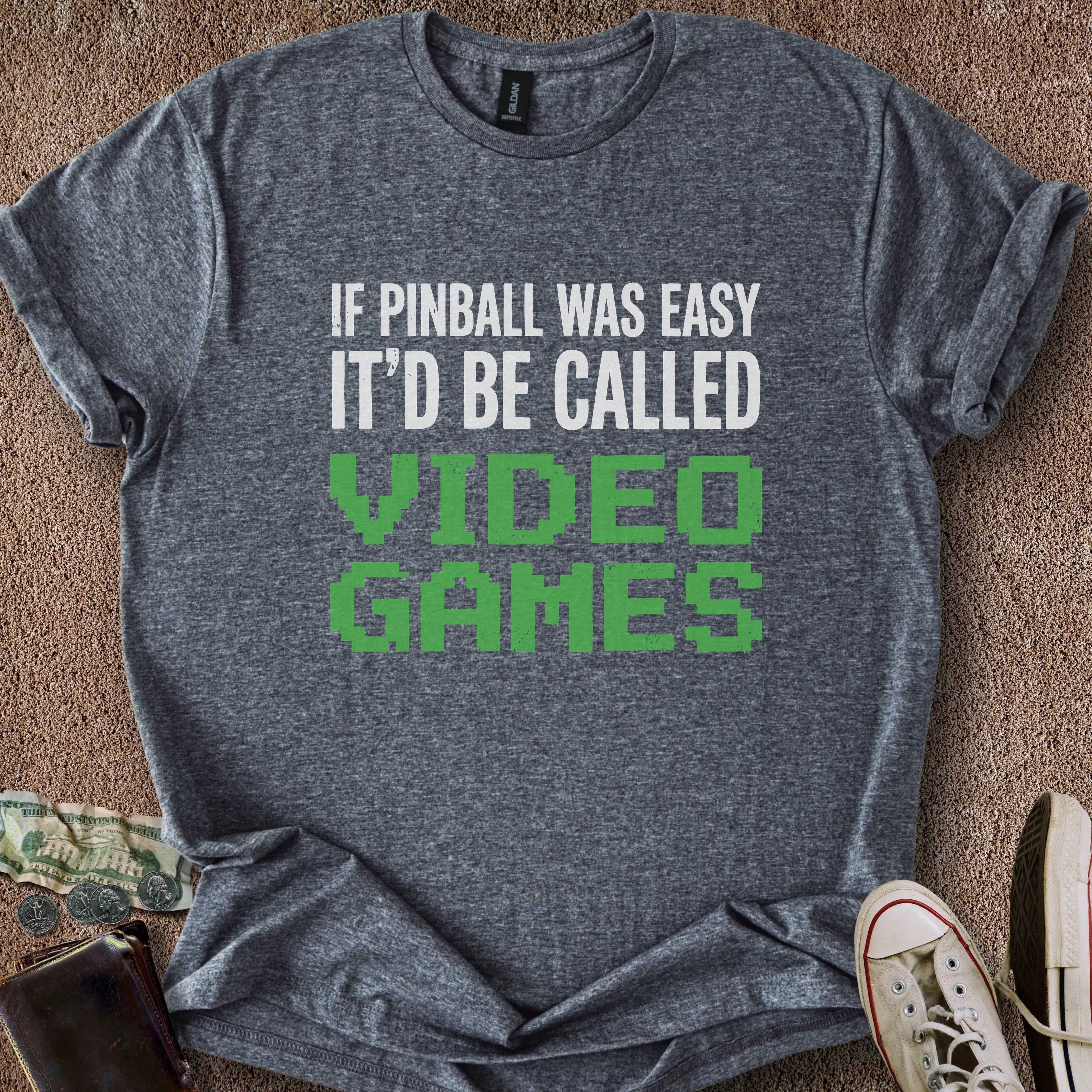 Printify T-Shirt Dark Heather / S 0197_pinball was easy video games T-Shirt