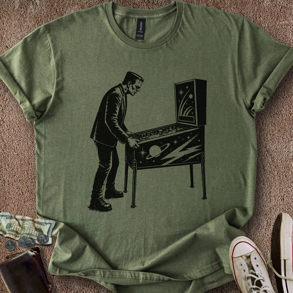 Printify T-Shirt Frankenstein Plays Pinball T-Shirt