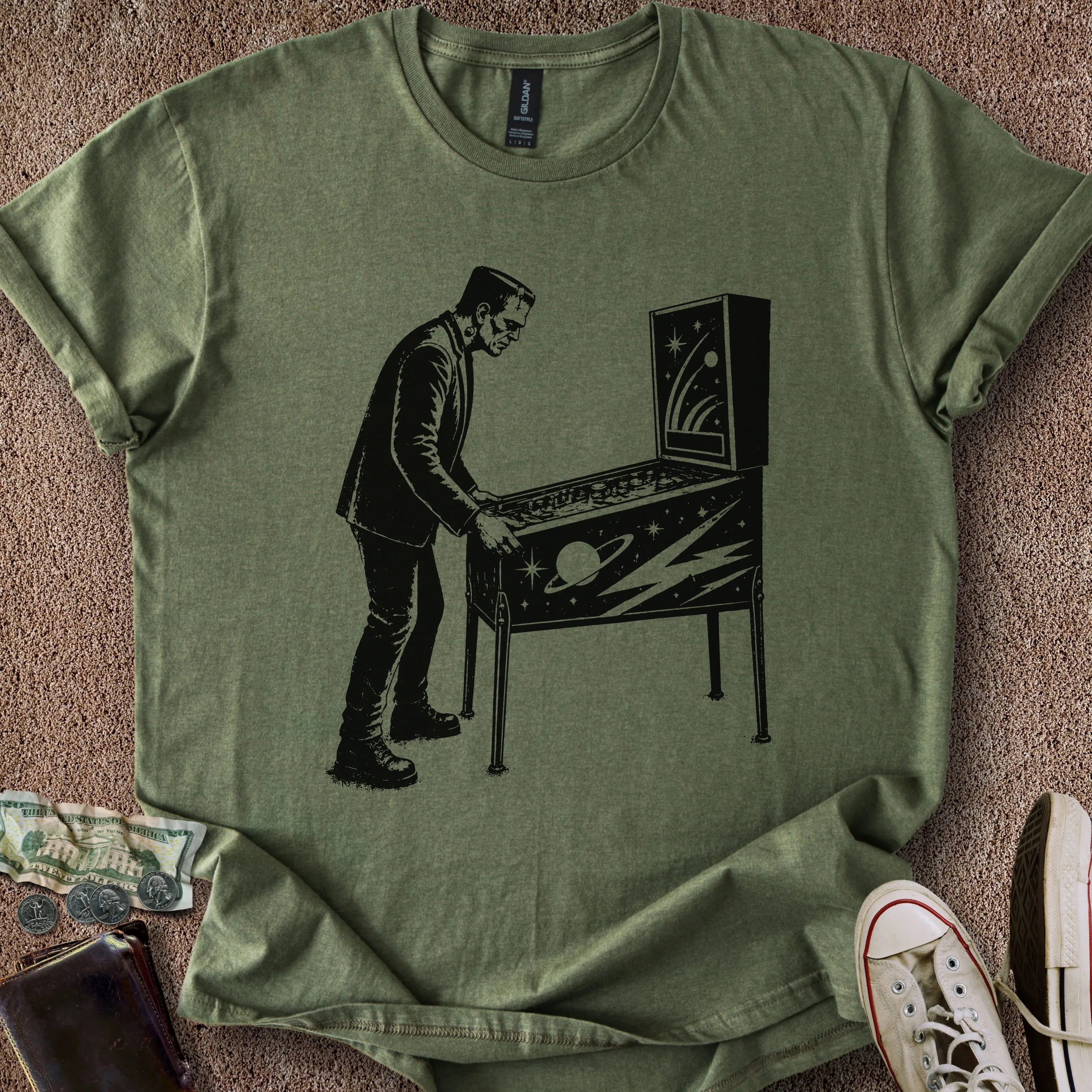 Printify T-Shirt Frankenstein Plays Pinball T-Shirt