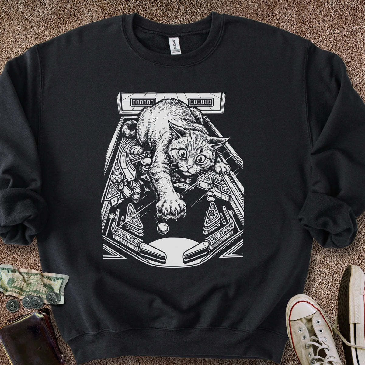 Printify Sweatshirt S / Black Cat Playing Pinball Sweatshirt