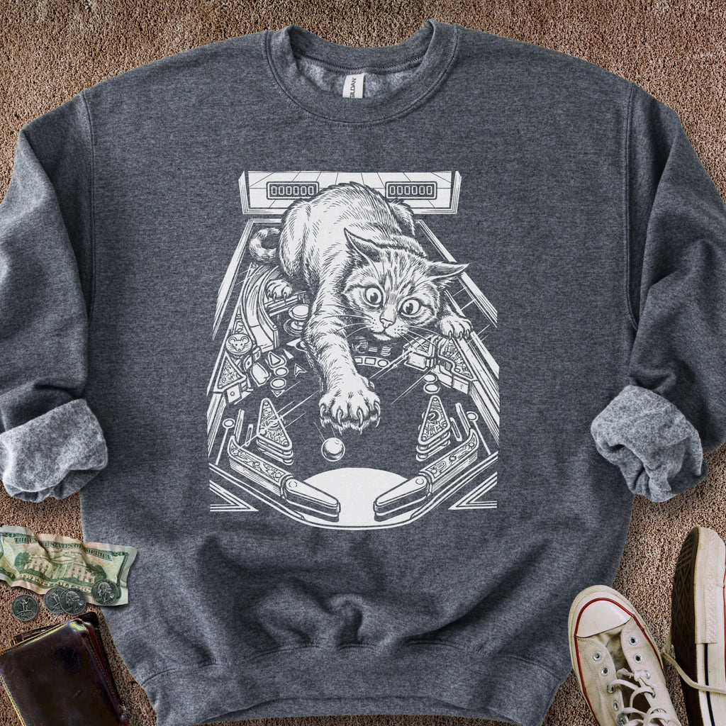 Printify Sweatshirt S / Dark Heather Cat Playing Pinball Sweatshirt