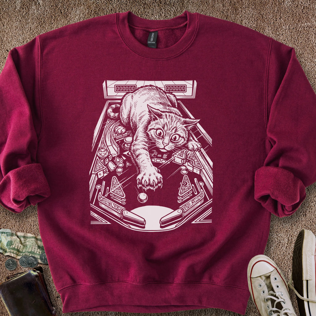 Printify Sweatshirt S / Maroon Cat Playing Pinball Sweatshirt