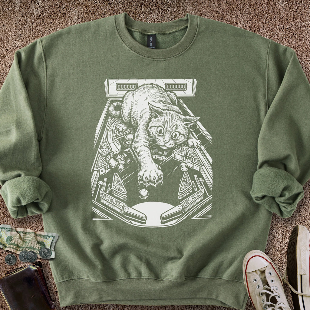 Printify Sweatshirt S / Military Green Cat Playing Pinball Sweatshirt