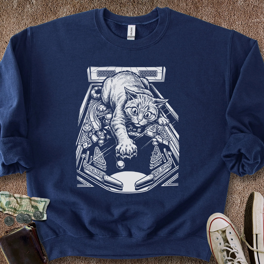 Printify Sweatshirt S / Navy Cat Playing Pinball Sweatshirt