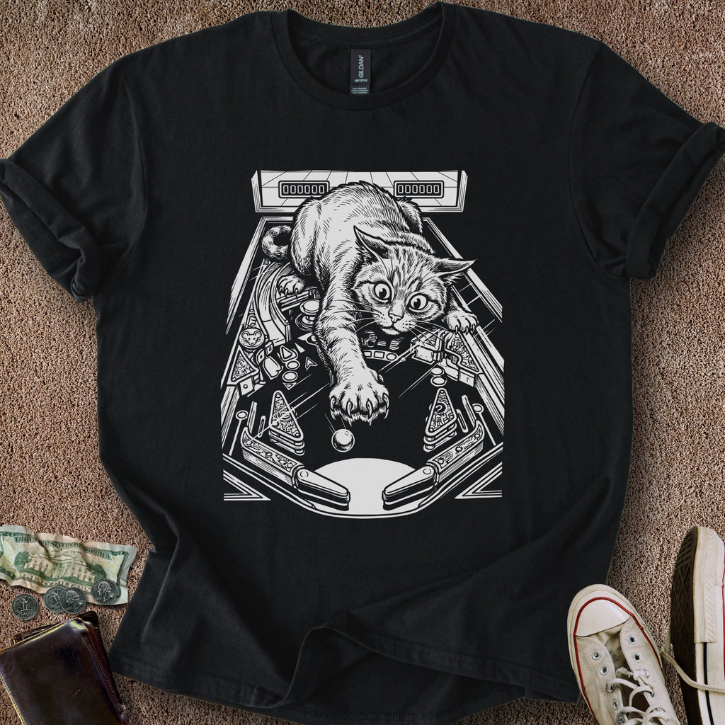 Printify T-Shirt Black / S Cat Playing Pinball T-Shirt