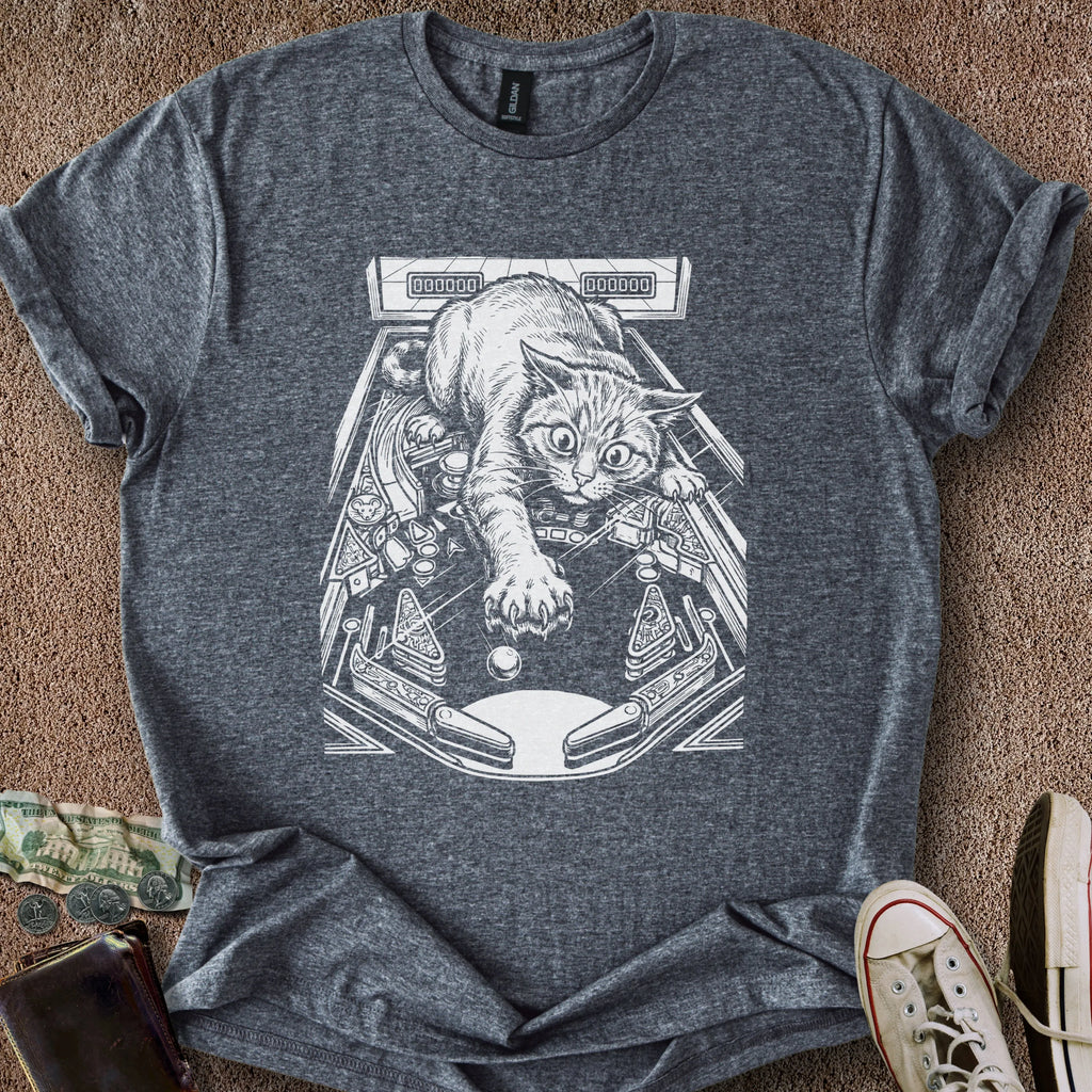 Printify T-Shirt Dark Heather / S Cat Playing Pinball T-Shirt