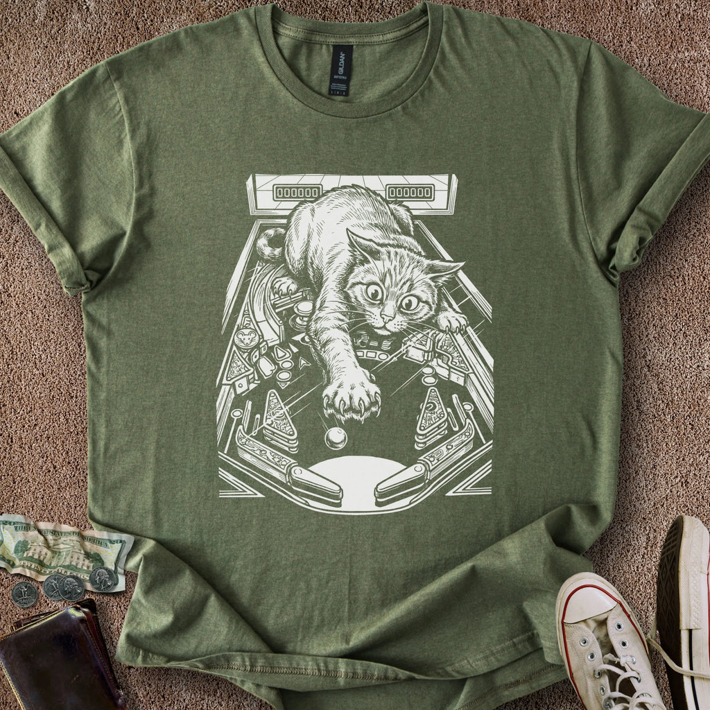 Printify T-Shirt Military Green / S Cat Playing Pinball T-Shirt