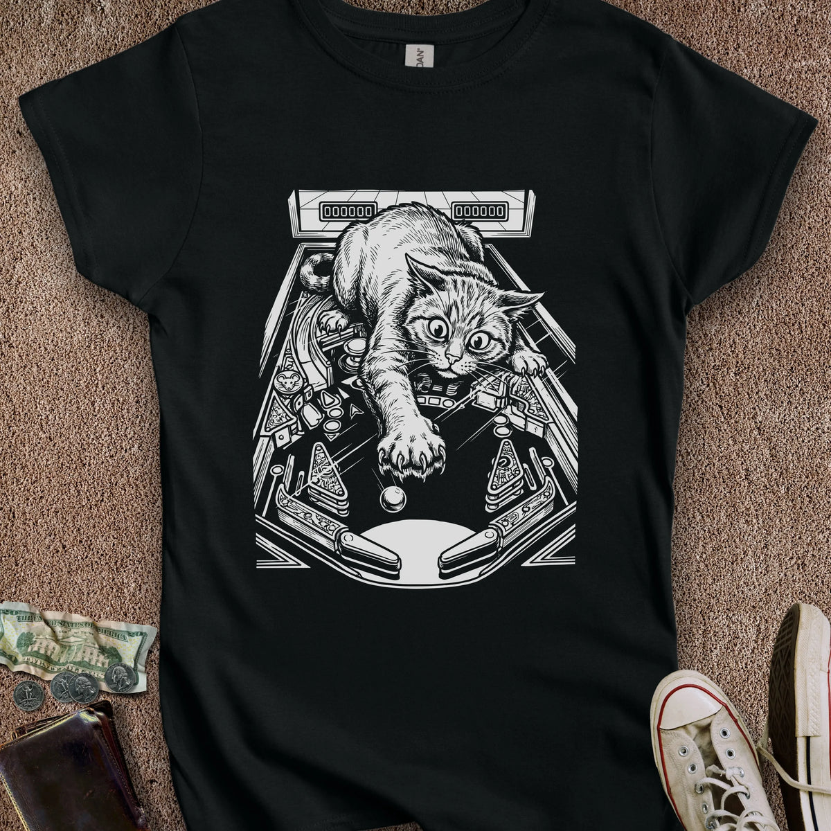 Printify T-Shirt S / Black Cat Playing Pinball Women's T-Shirt