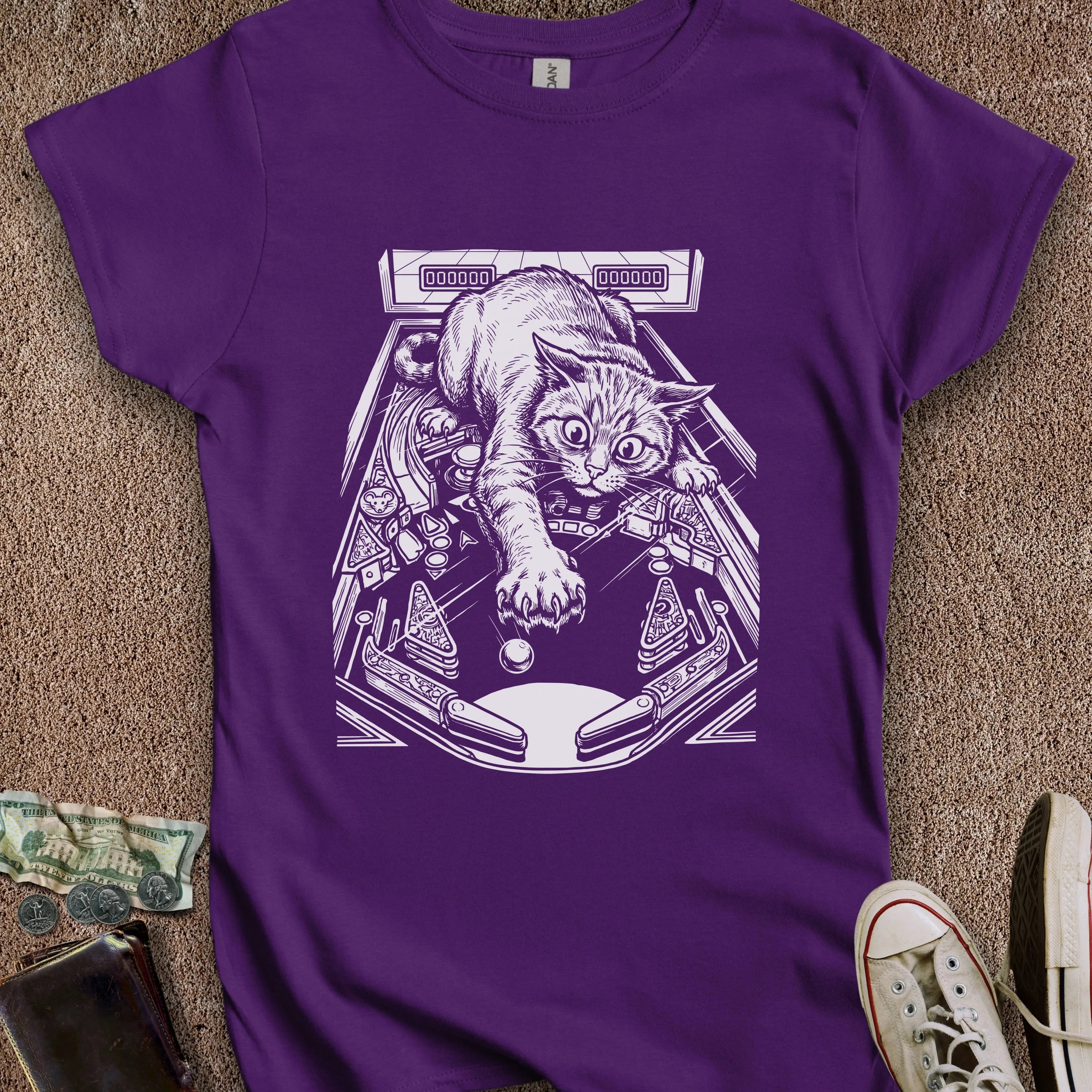 Printify T-Shirt S / Purple Cat Playing Pinball Women's T-Shirt