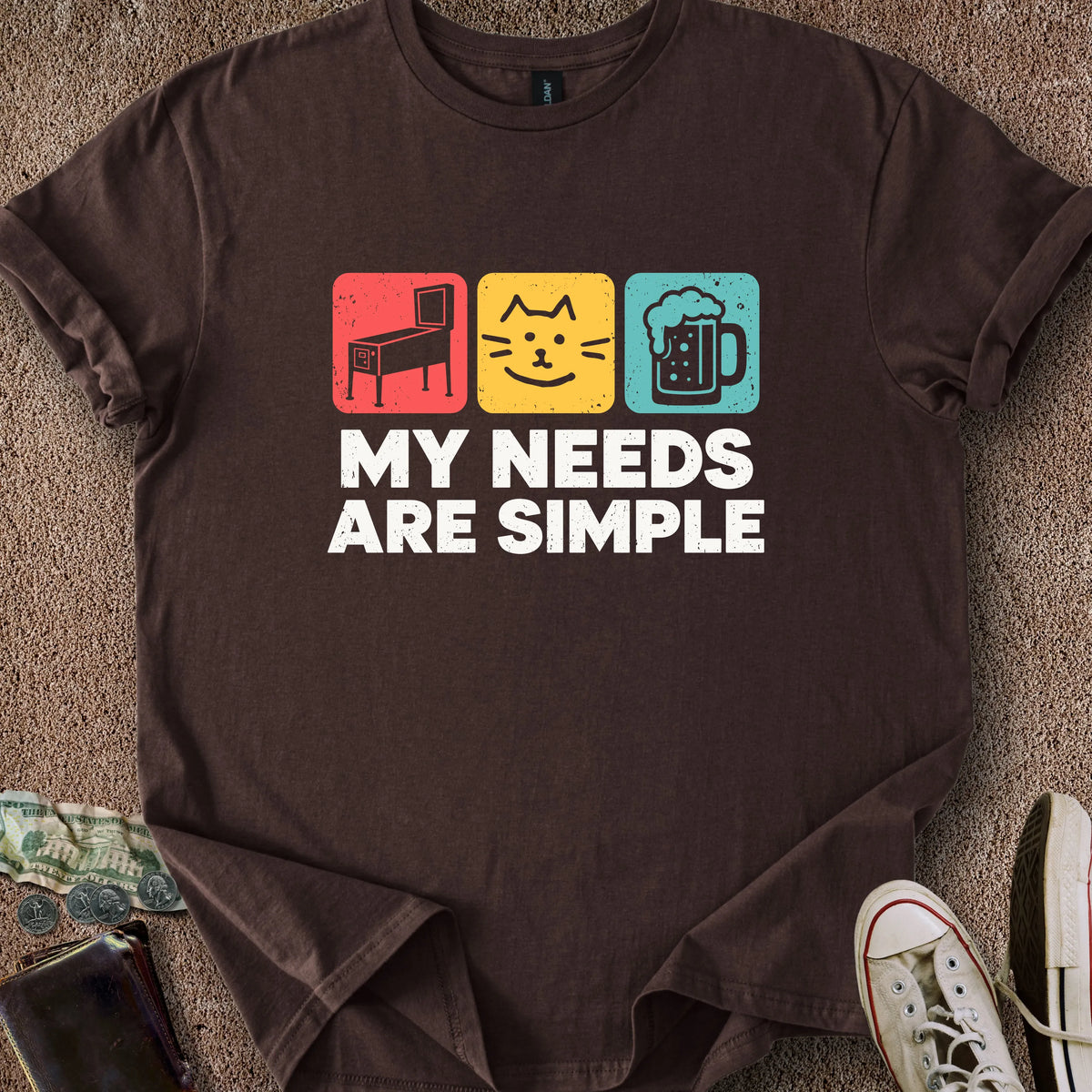 Printify T-Shirt Dark Chocolate / S Cat Simple Needs T-Shirt