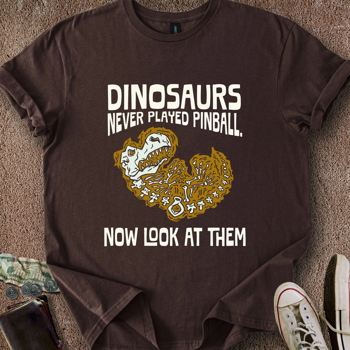 Printify T-Shirt Dark Chocolate / S Dinos Never Played Pinball T-Shirt