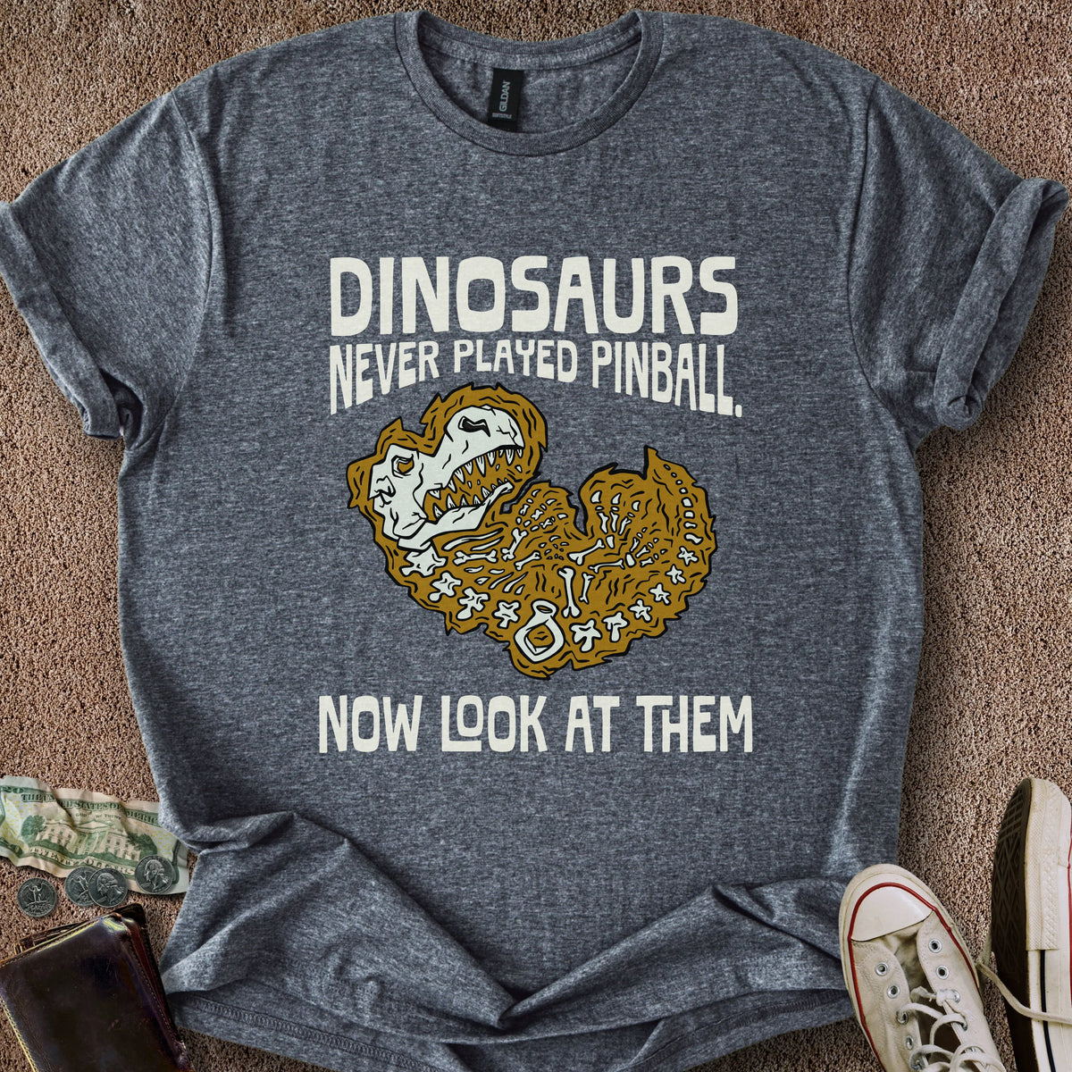 Printify T-Shirt Dark Heather / S Dinos Never Played Pinball T-Shirt