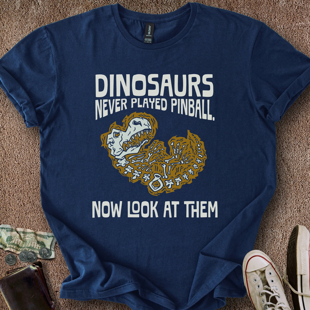Printify T-Shirt Navy / S Dinos Never Played Pinball T-Shirt