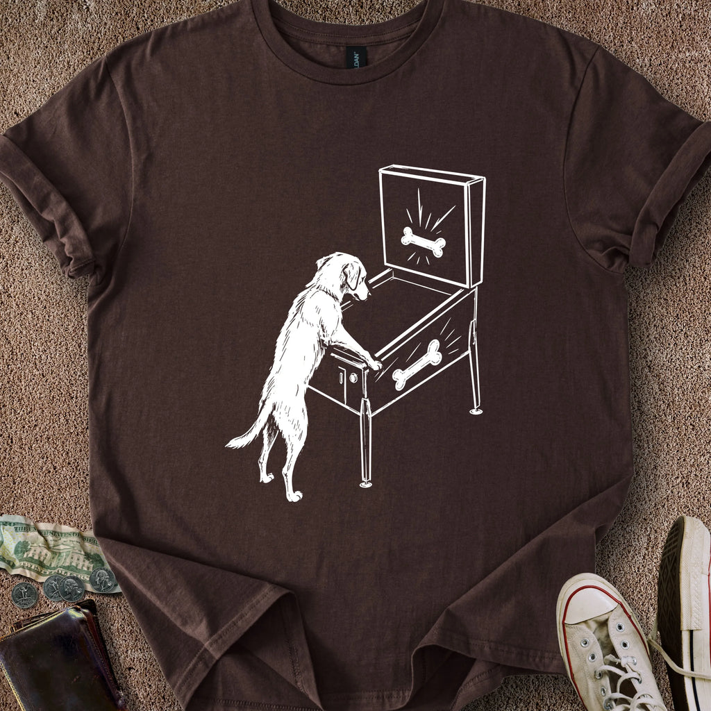 Printify T-Shirt Dark Chocolate / S Dog Playing Pinball T-Shirt