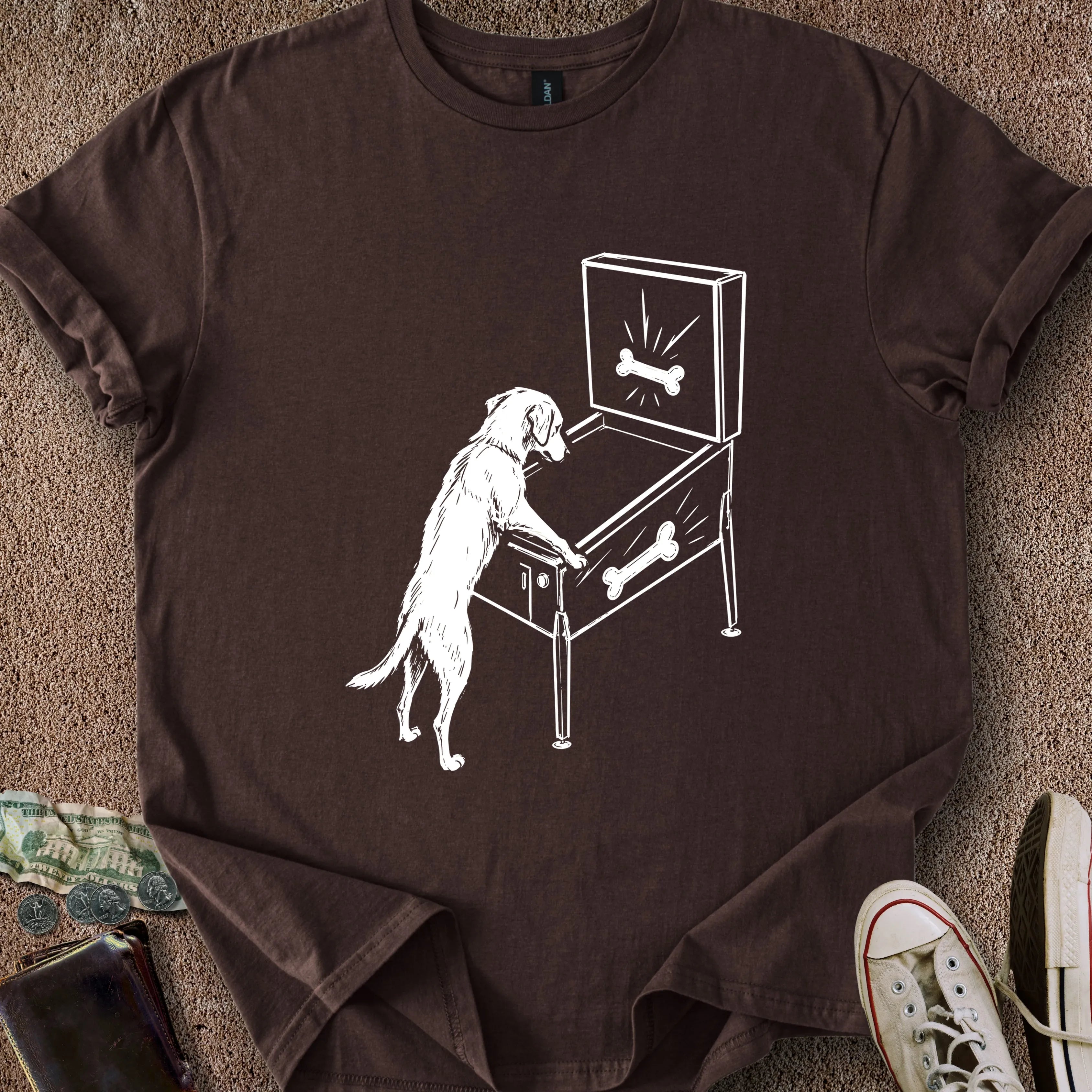Printify T-Shirt Dark Chocolate / S Dog Playing Pinball T-Shirt