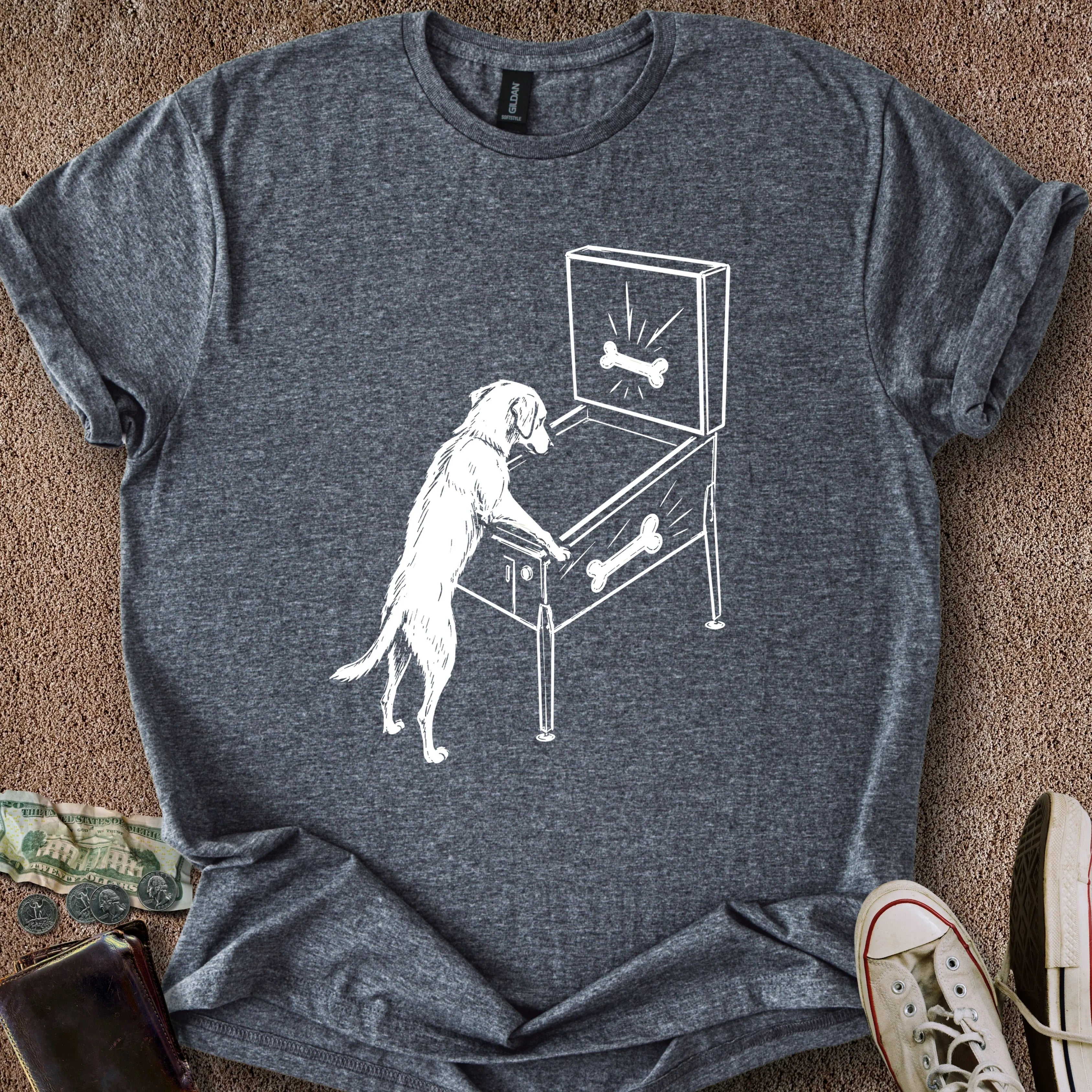 Printify T-Shirt Dark Heather / S Dog Playing Pinball T-Shirt