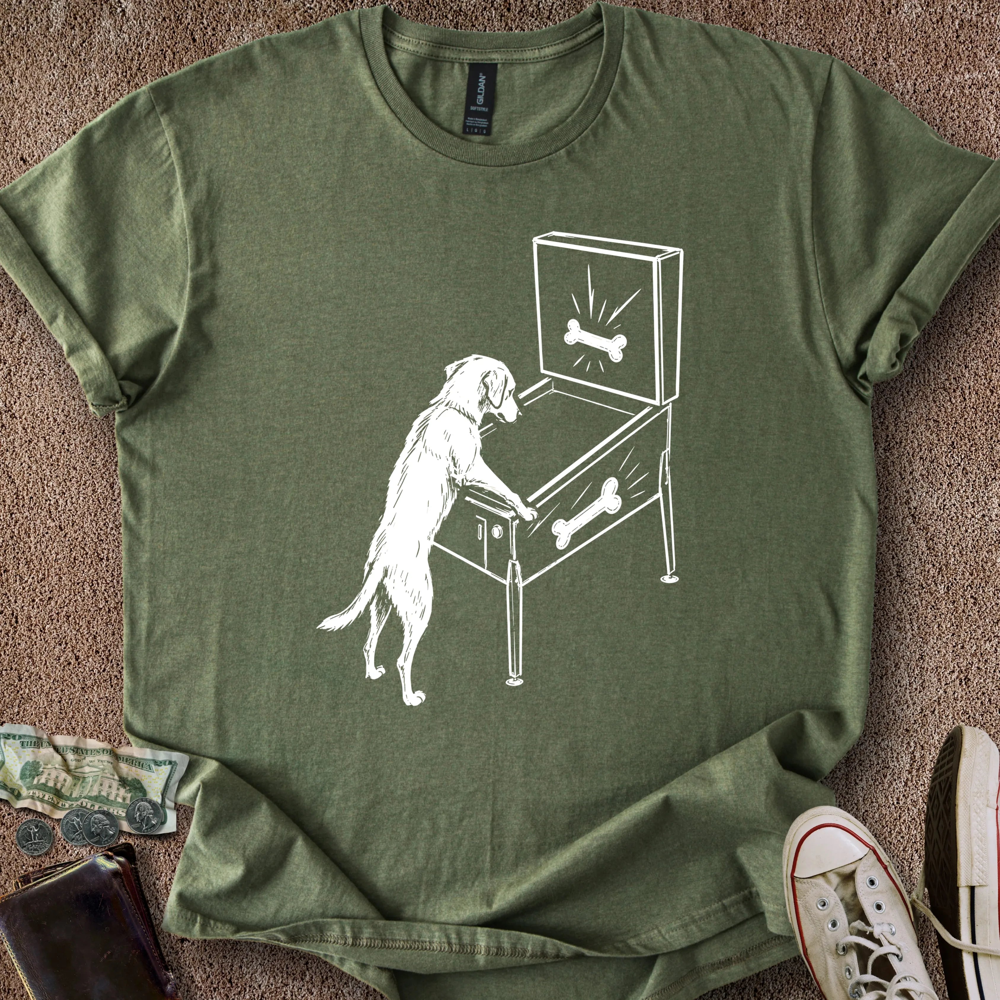 Printify T-Shirt Military Green / S Dog Playing Pinball T-Shirt