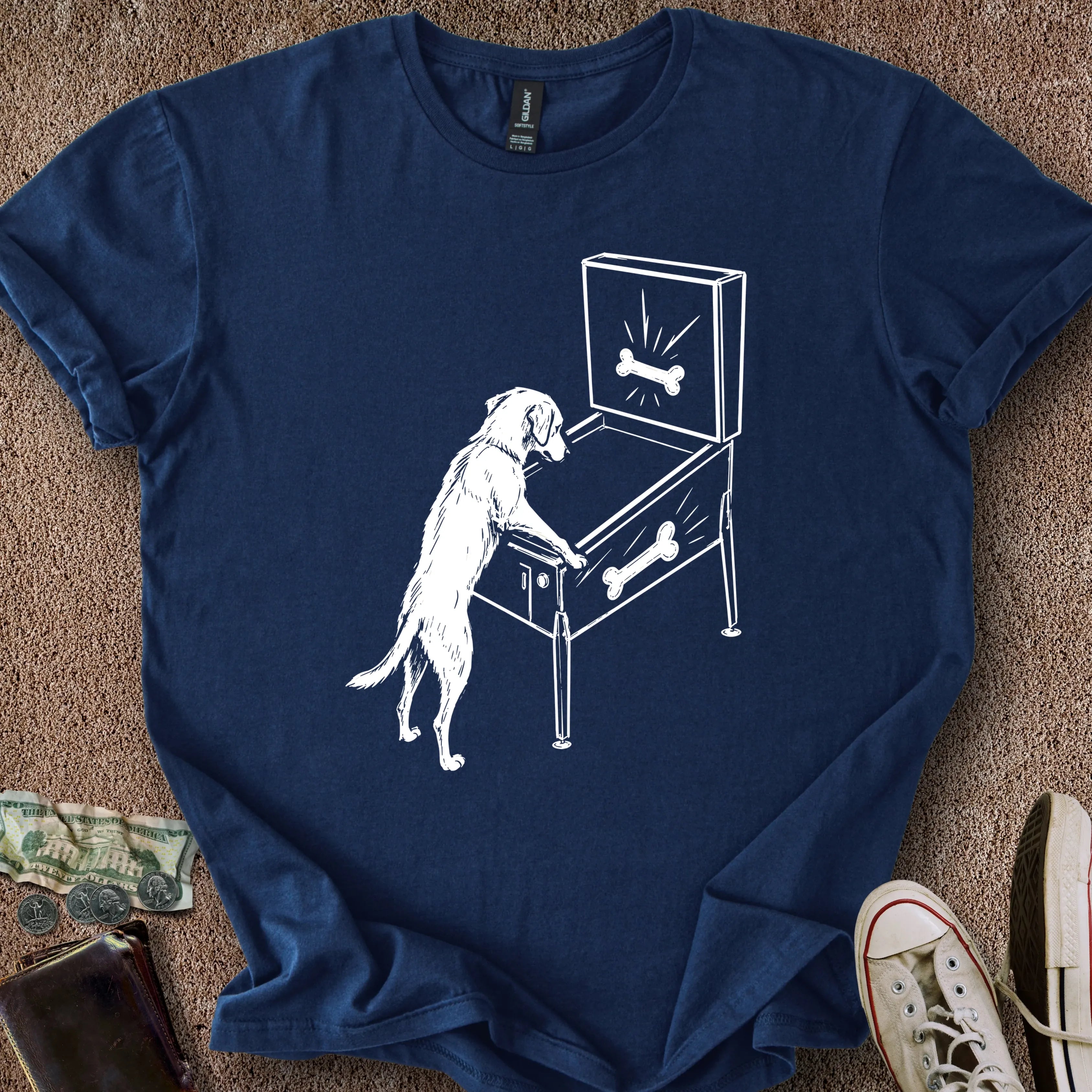 Printify T-Shirt Navy / S Dog Playing Pinball T-Shirt