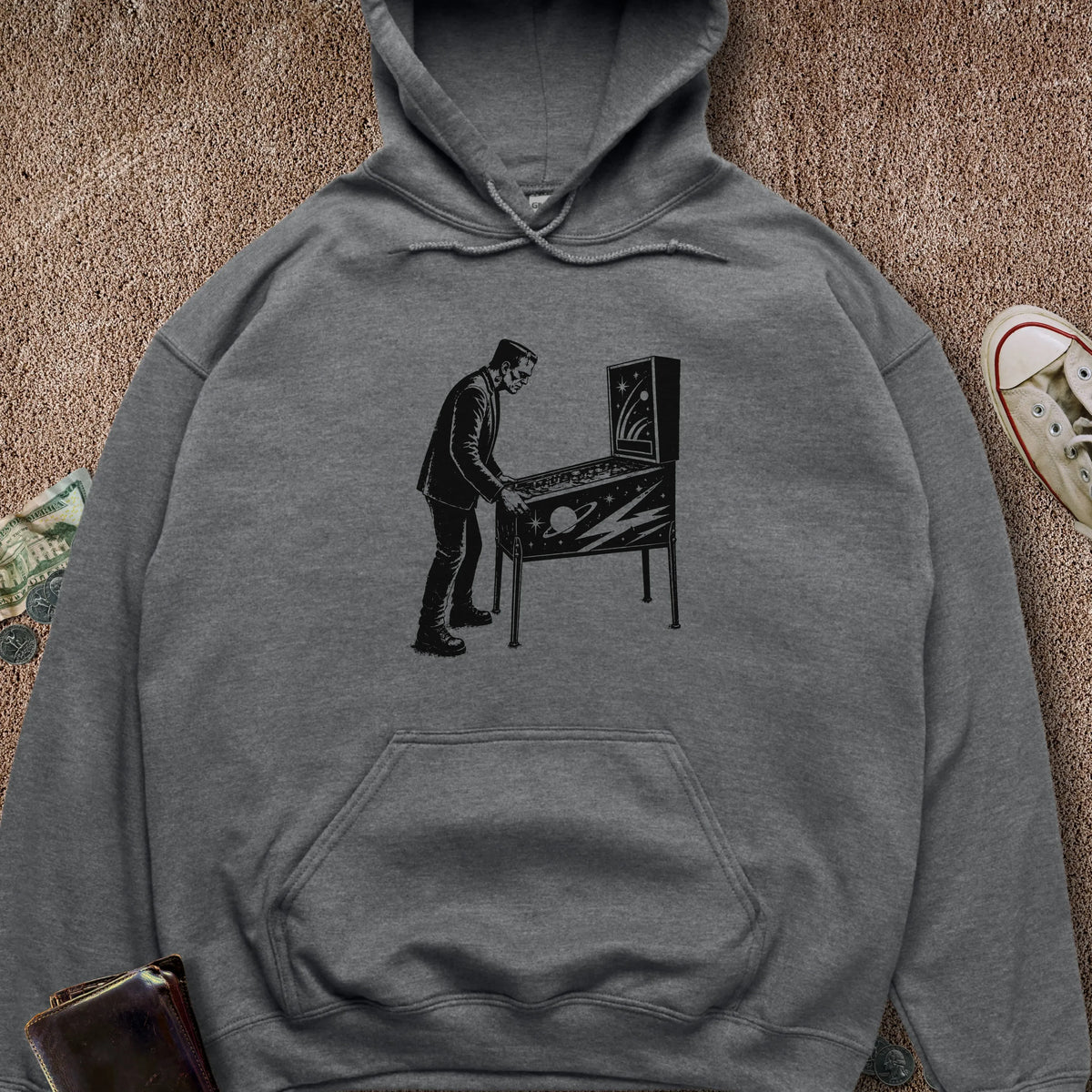 Printify Hoodie Dark Heather / S Frankenstein Playing Pinball Hoodie