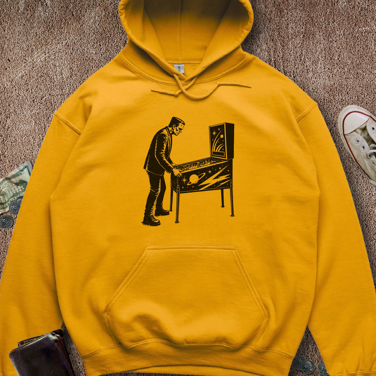 Printify Hoodie Gold / S Frankenstein Playing Pinball Hoodie