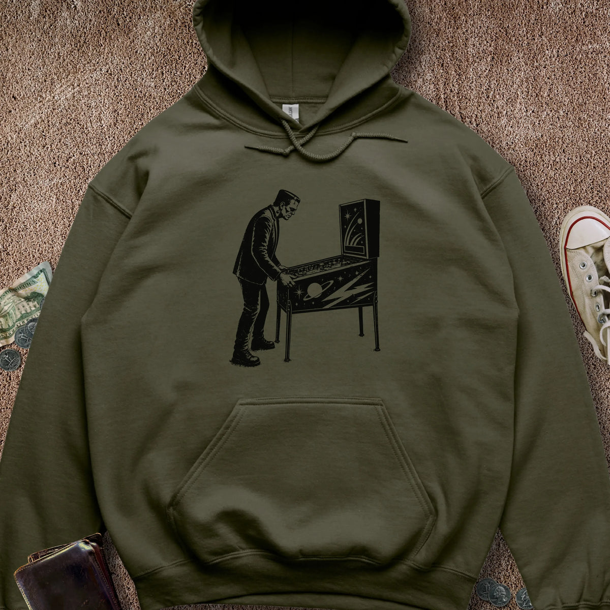 Printify Hoodie Military Green / S Frankenstein Playing Pinball Hoodie
