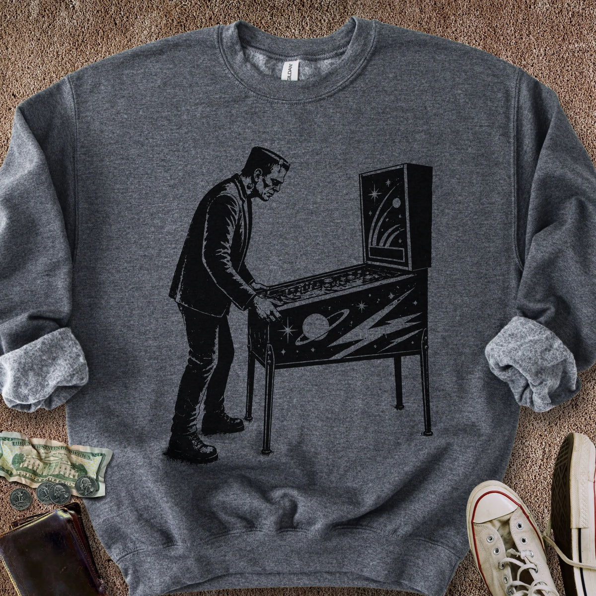 Printify Sweatshirt S / Dark Heather Frankenstein Plays Pinball Sweatshirt