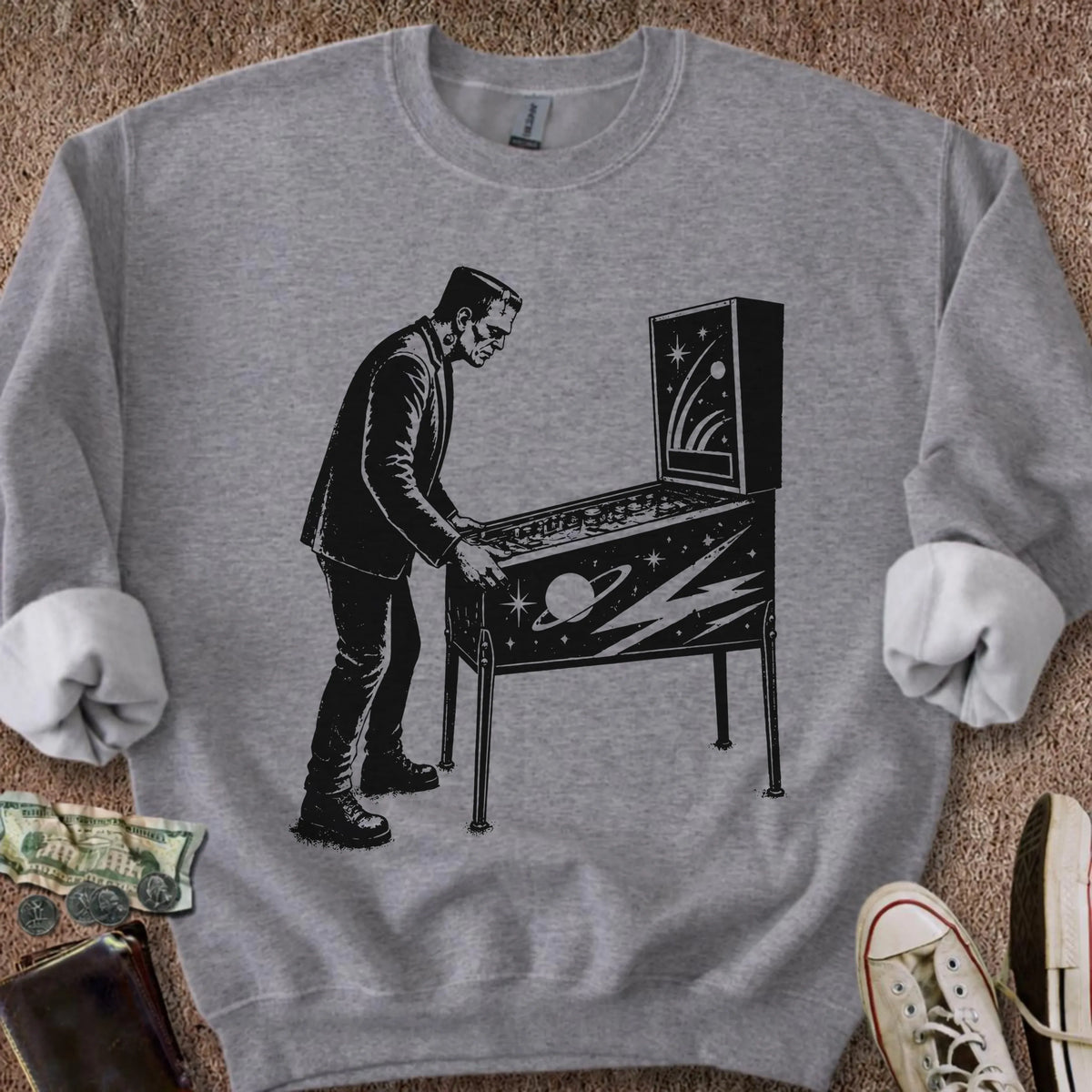 Printify Sweatshirt S / Graphite Heather Frankenstein Plays Pinball Sweatshirt