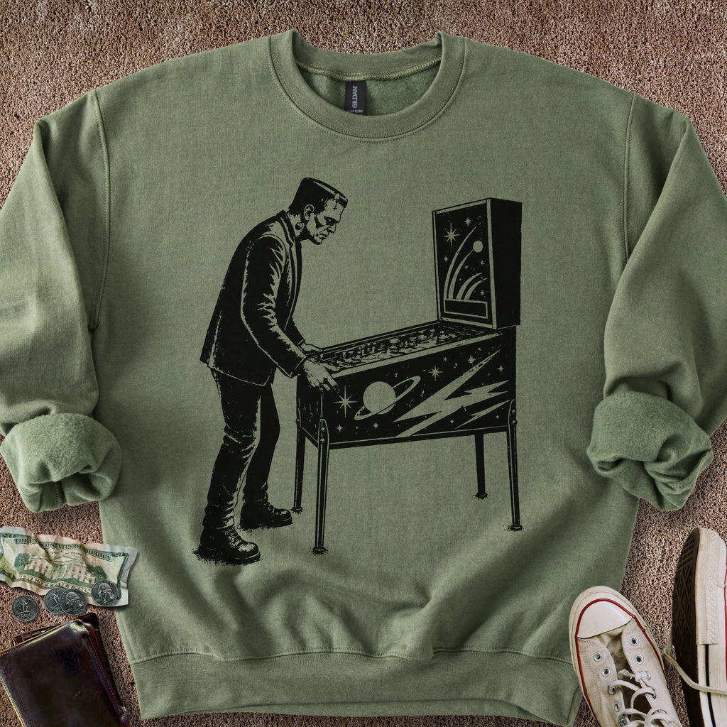 Printify Sweatshirt S / Military Green Frankenstein Plays Pinball Sweatshirt