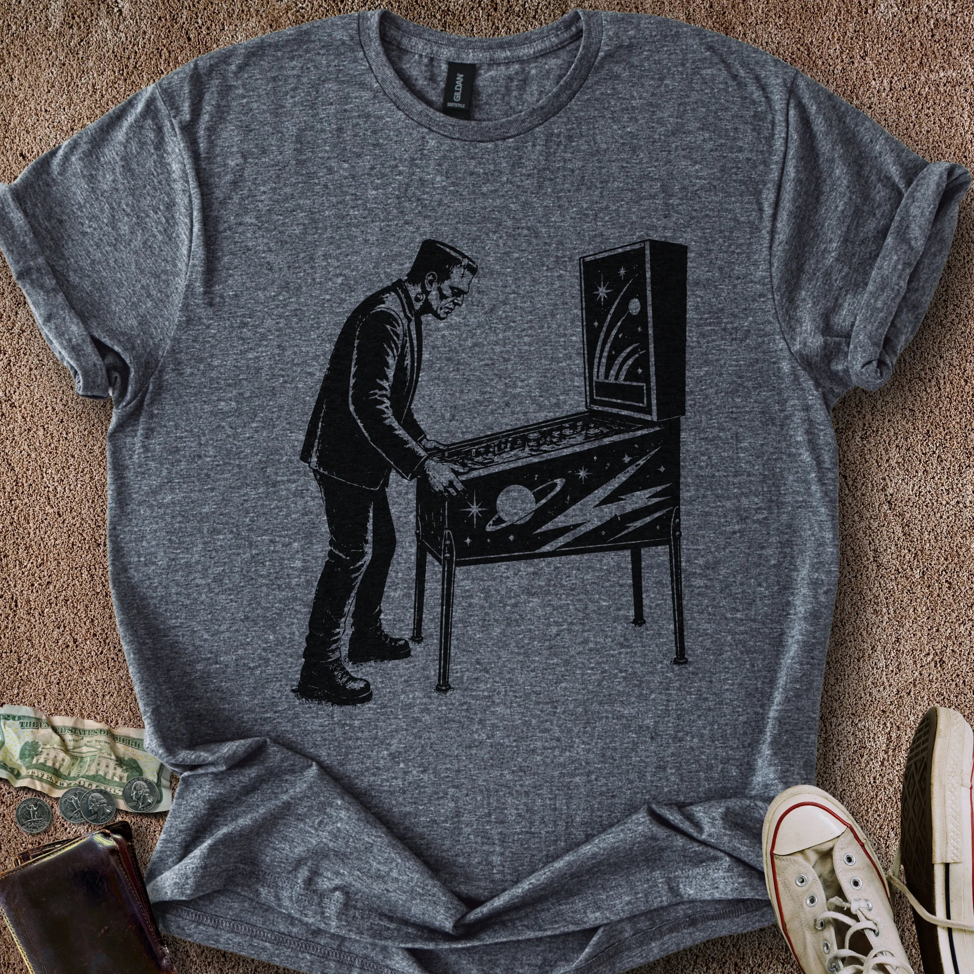 Printify T-Shirt Dark Heather / S Frankenstein Plays Pinball T-Shirt
