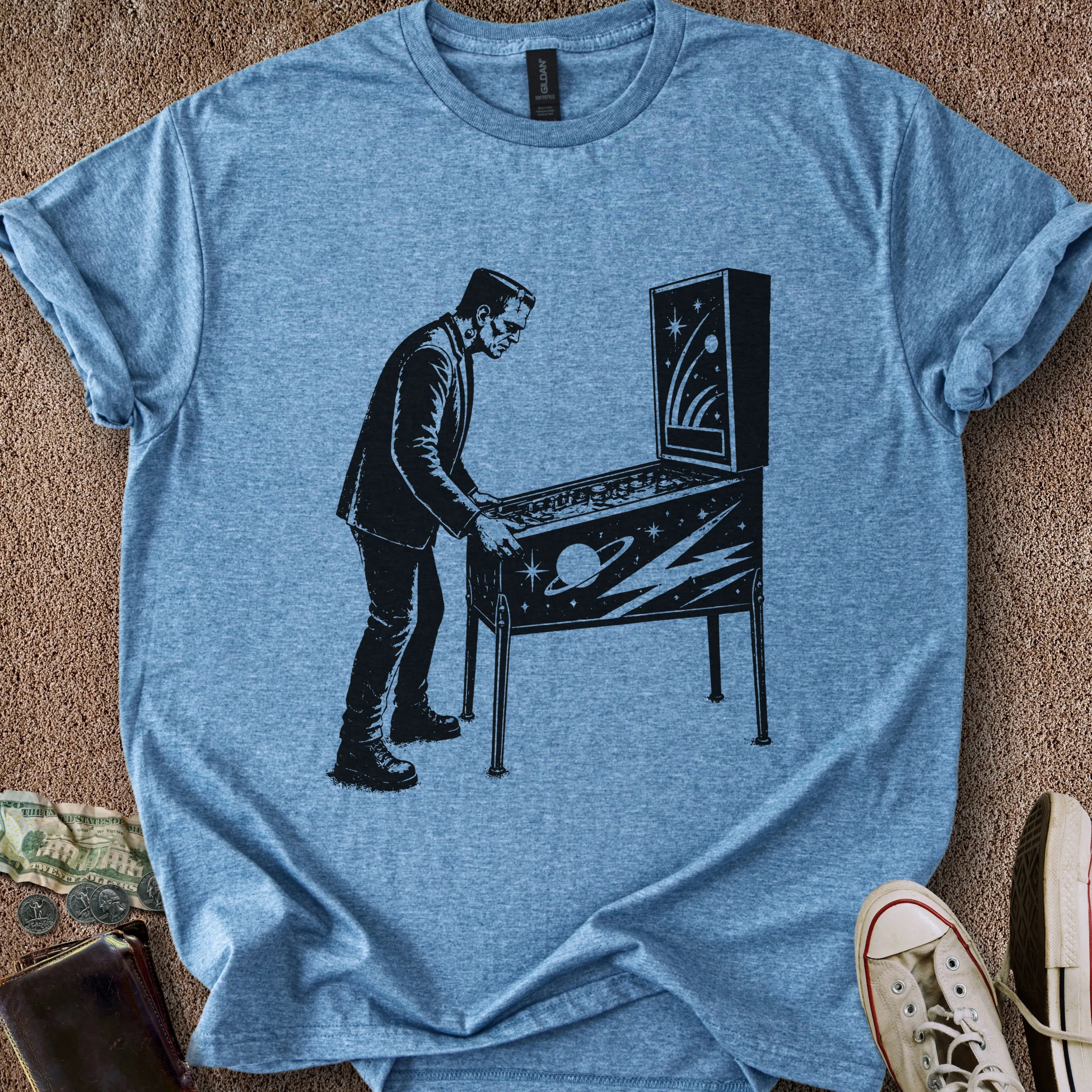 Printify T-Shirt Heather Indigo / S Frankenstein Plays Pinball T-Shirt