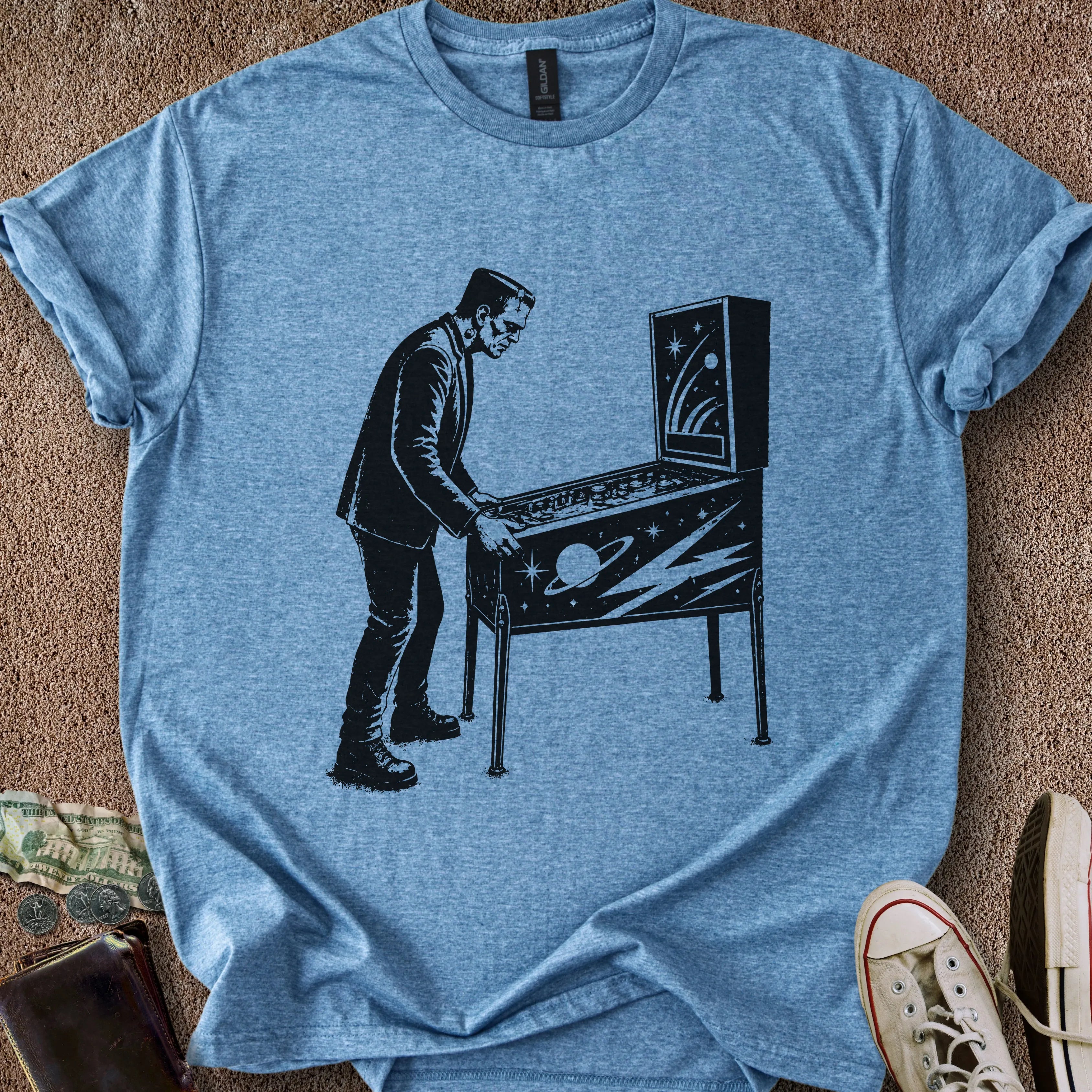Printify T-Shirt Heather Indigo / S Frankenstein Plays Pinball T-Shirt