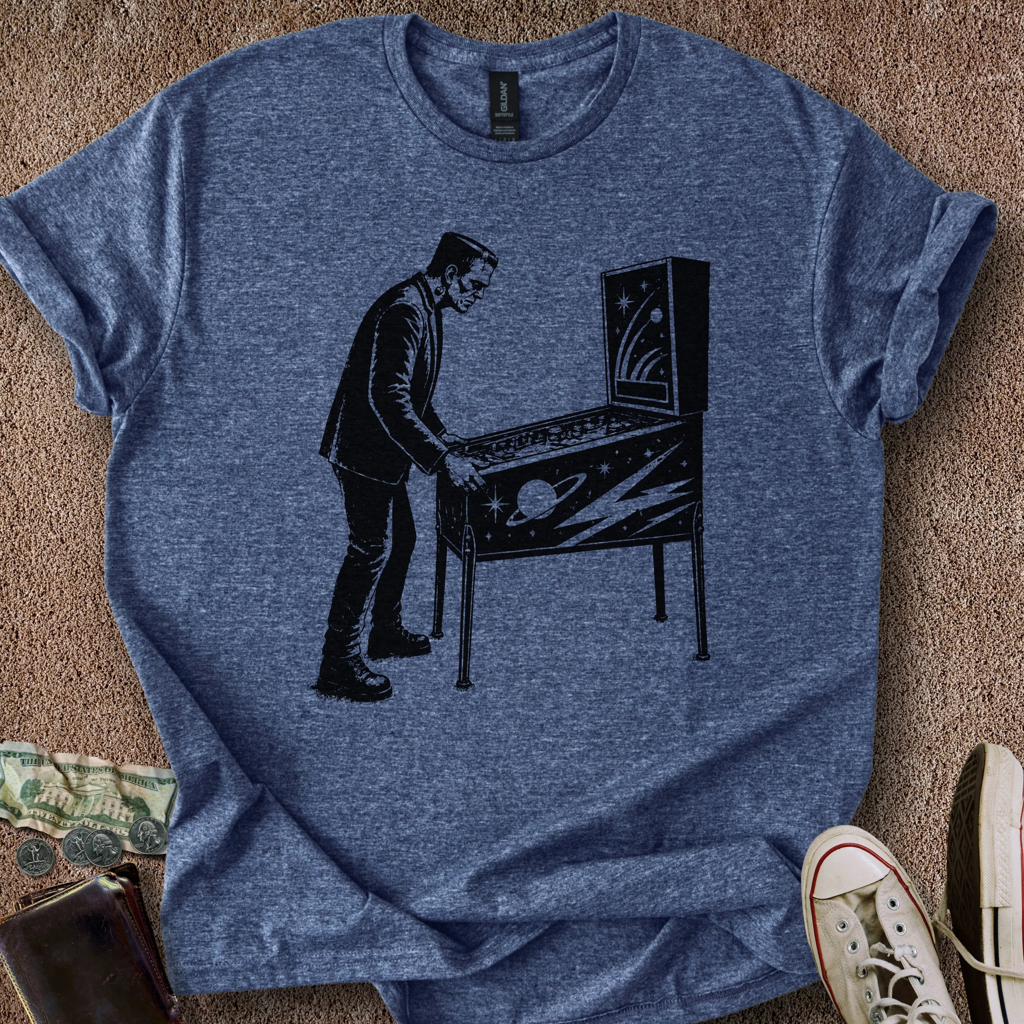 Printify T-Shirt Heather Navy / S Frankenstein Plays Pinball T-Shirt