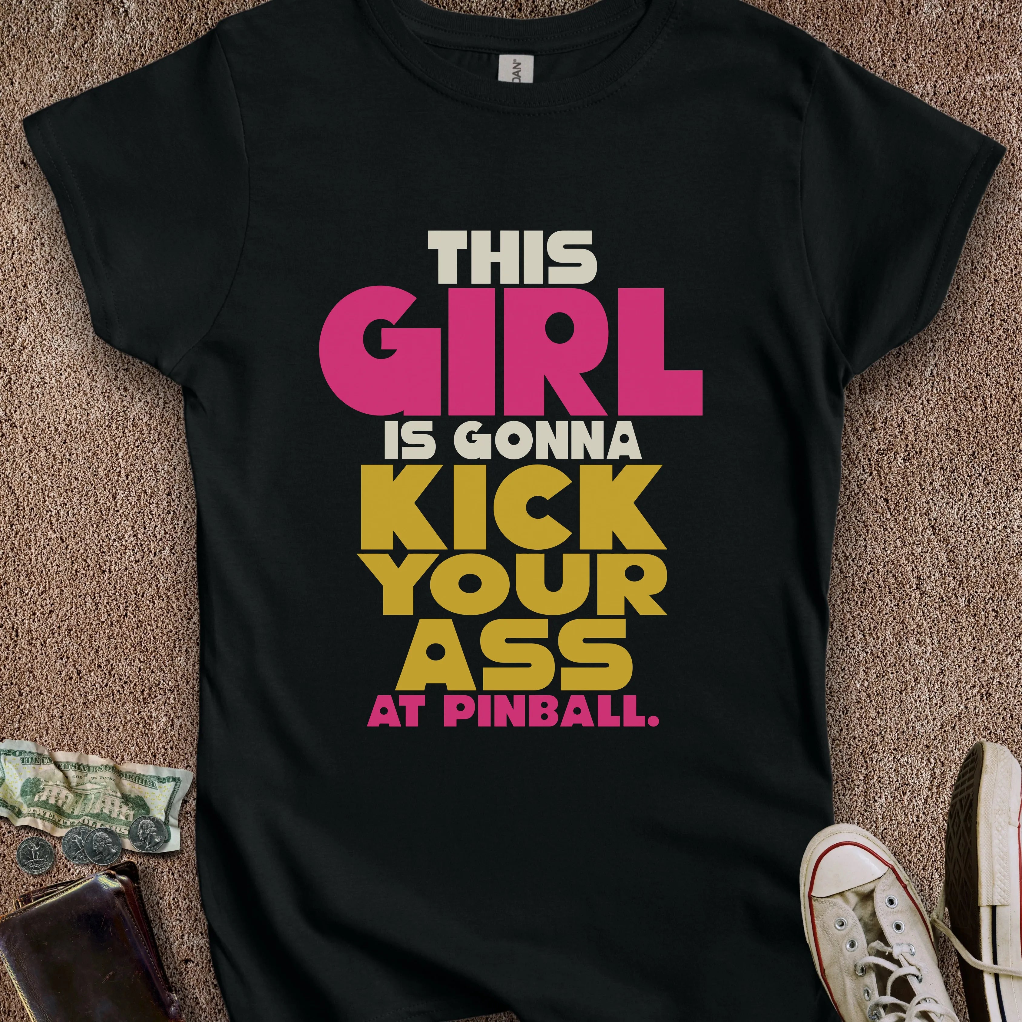 Printify T-Shirt S / Black Girl Kick Ass at Pinball Women's T-Shirt