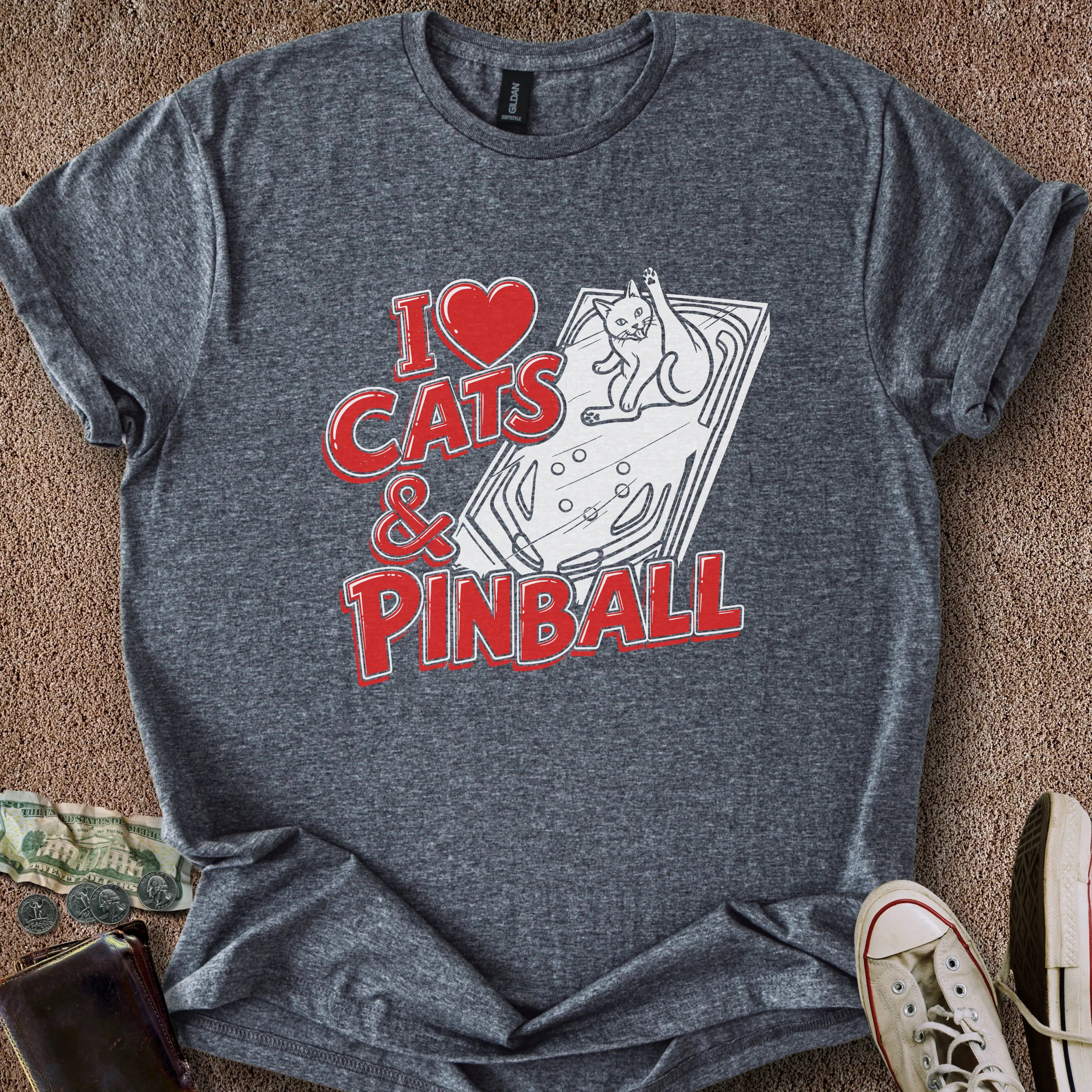 Printify T-Shirt Dark Heather / S I ❤️ Cats & Pinball T-Shirt
