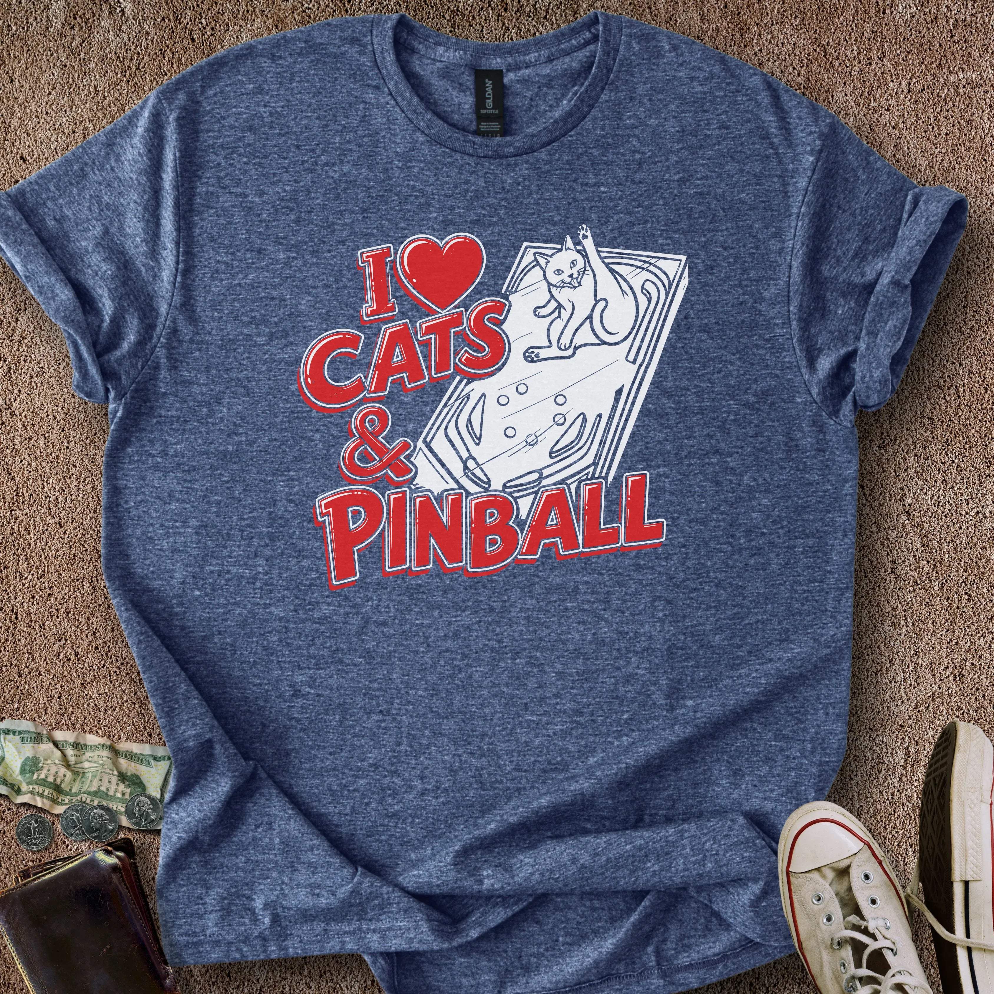 Printify T-Shirt Heather Navy / S I ❤️ Cats & Pinball T-Shirt