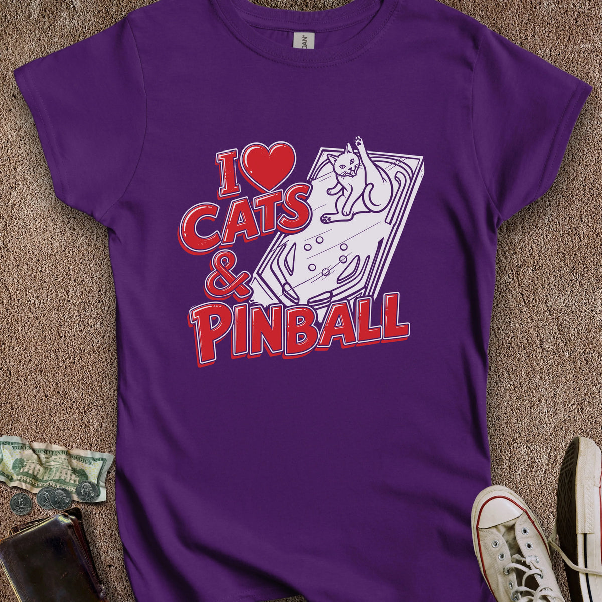 Printify T-Shirt S / Purple I ❤️ Cats & Pinball Women's T-Shirt