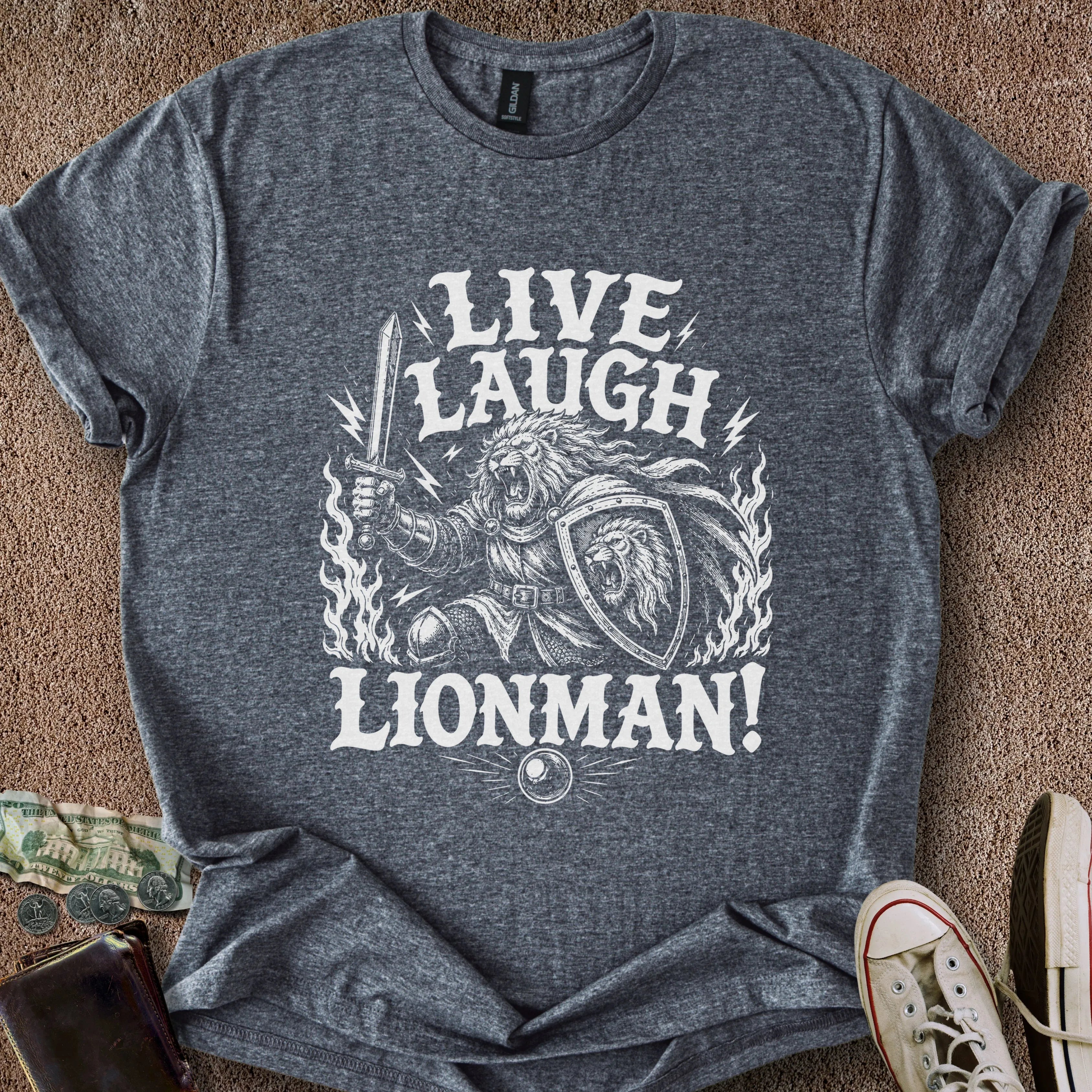 Printify T-Shirt Dark Heather / S Live Laugh Lionman T-Shirt