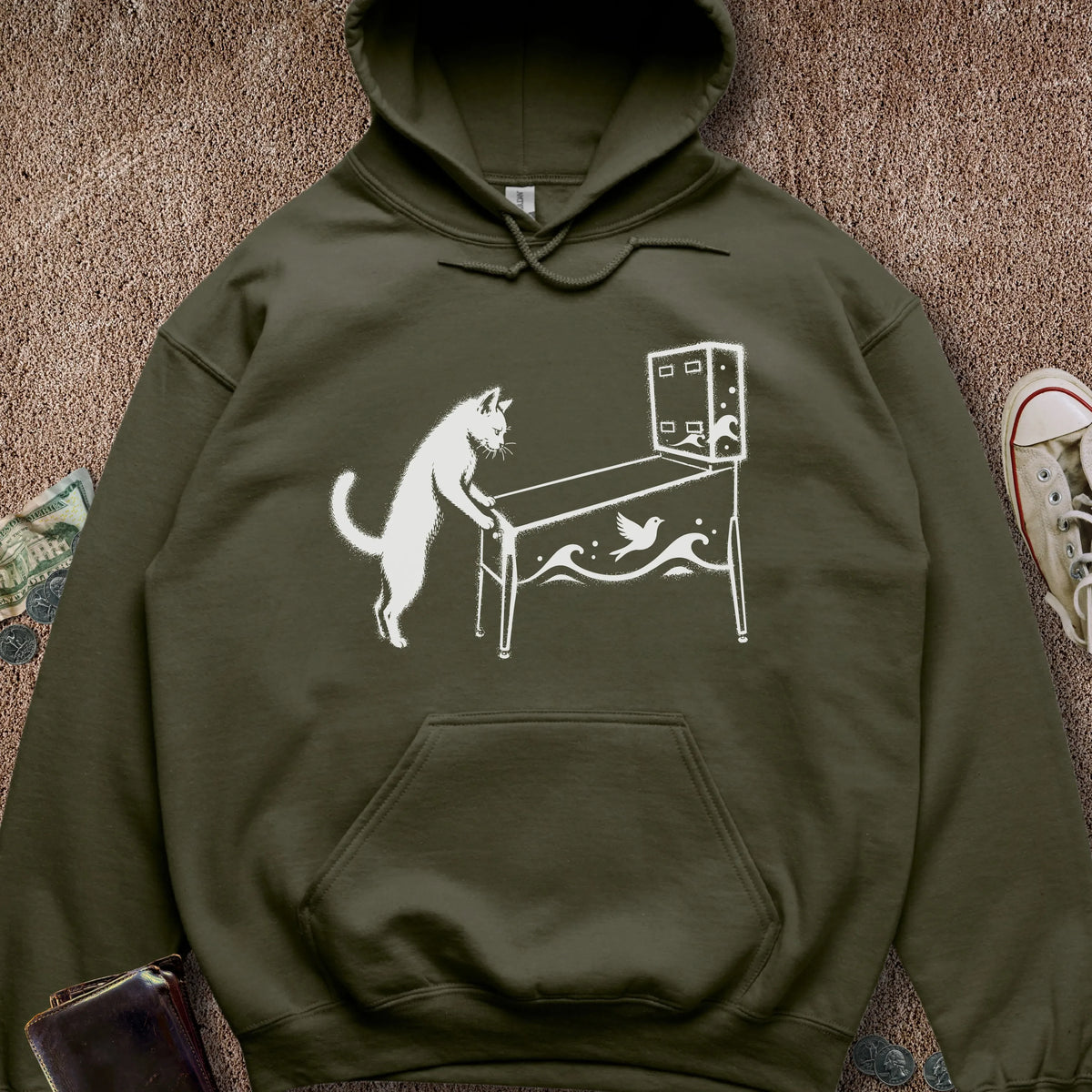 Printify Hoodie Military Green / S Pinball Cat Hoodie