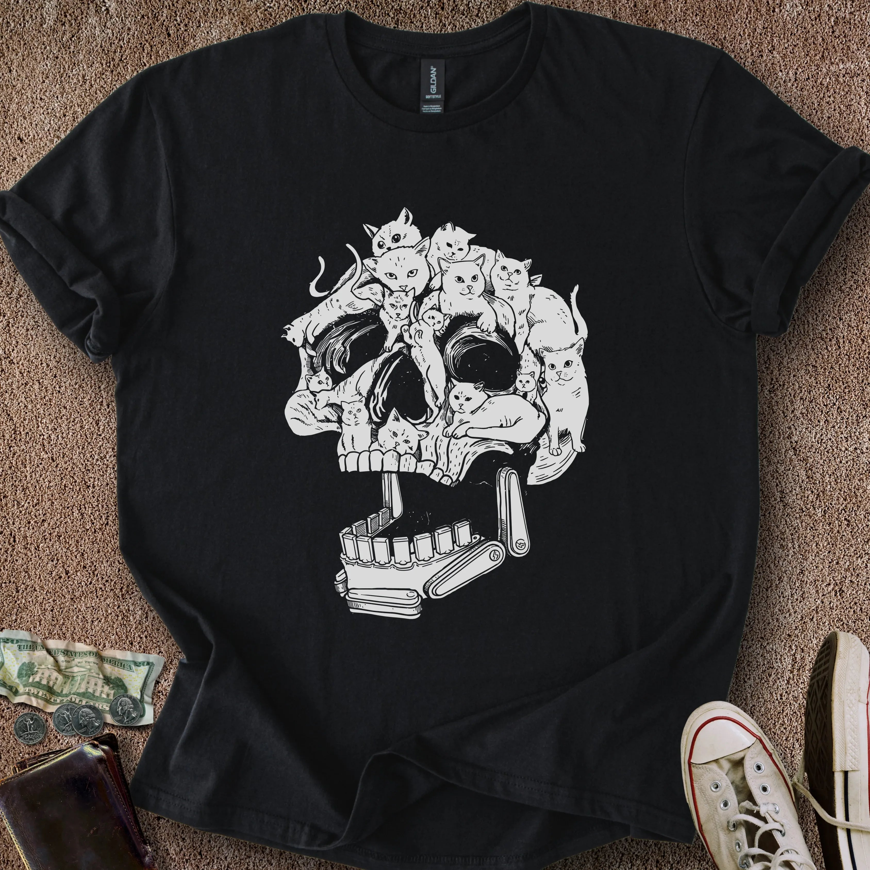 Printify T-Shirt Black / S Pinball Cat Skull T-Shirt