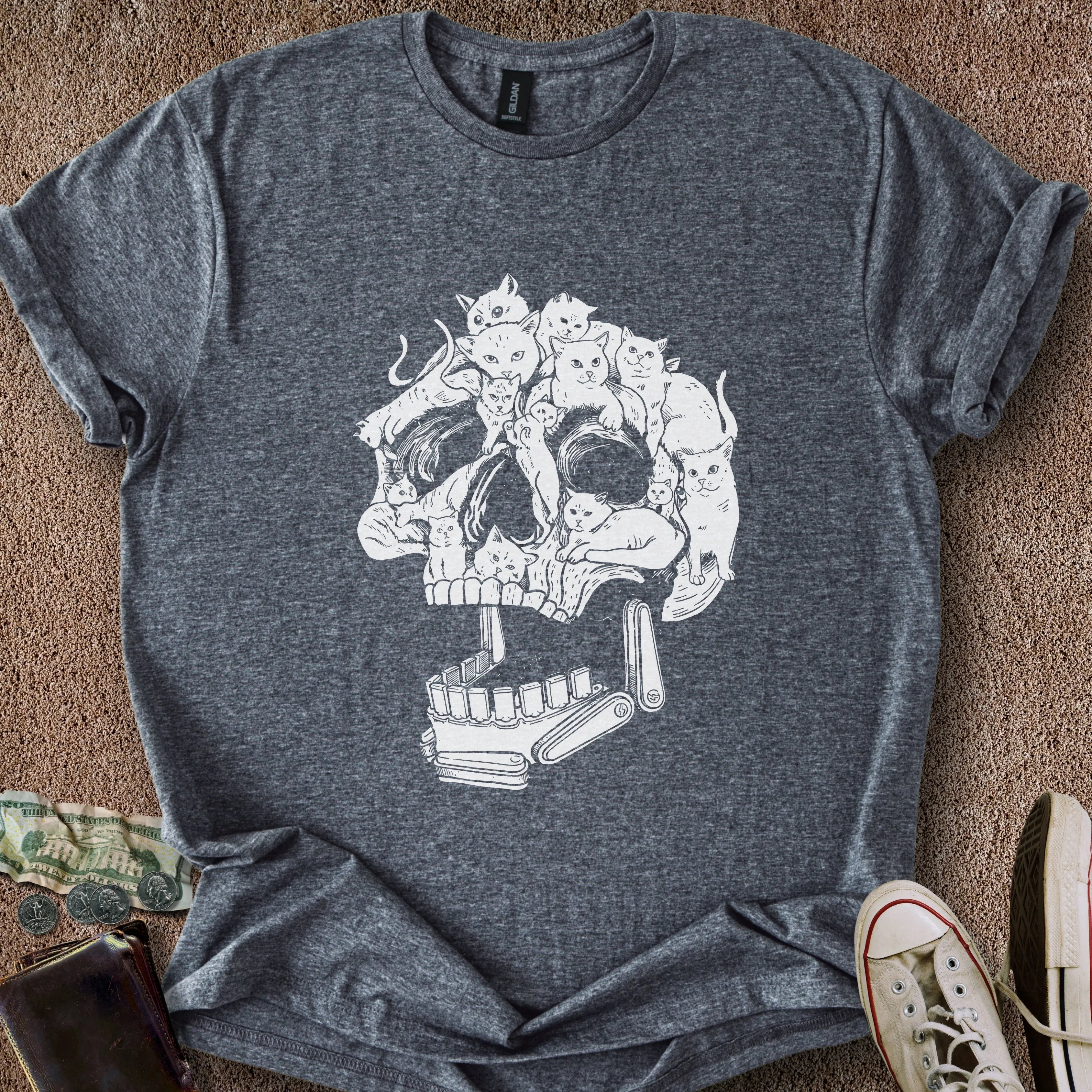 Printify T-Shirt Dark Heather / S Pinball Cat Skull T-Shirt