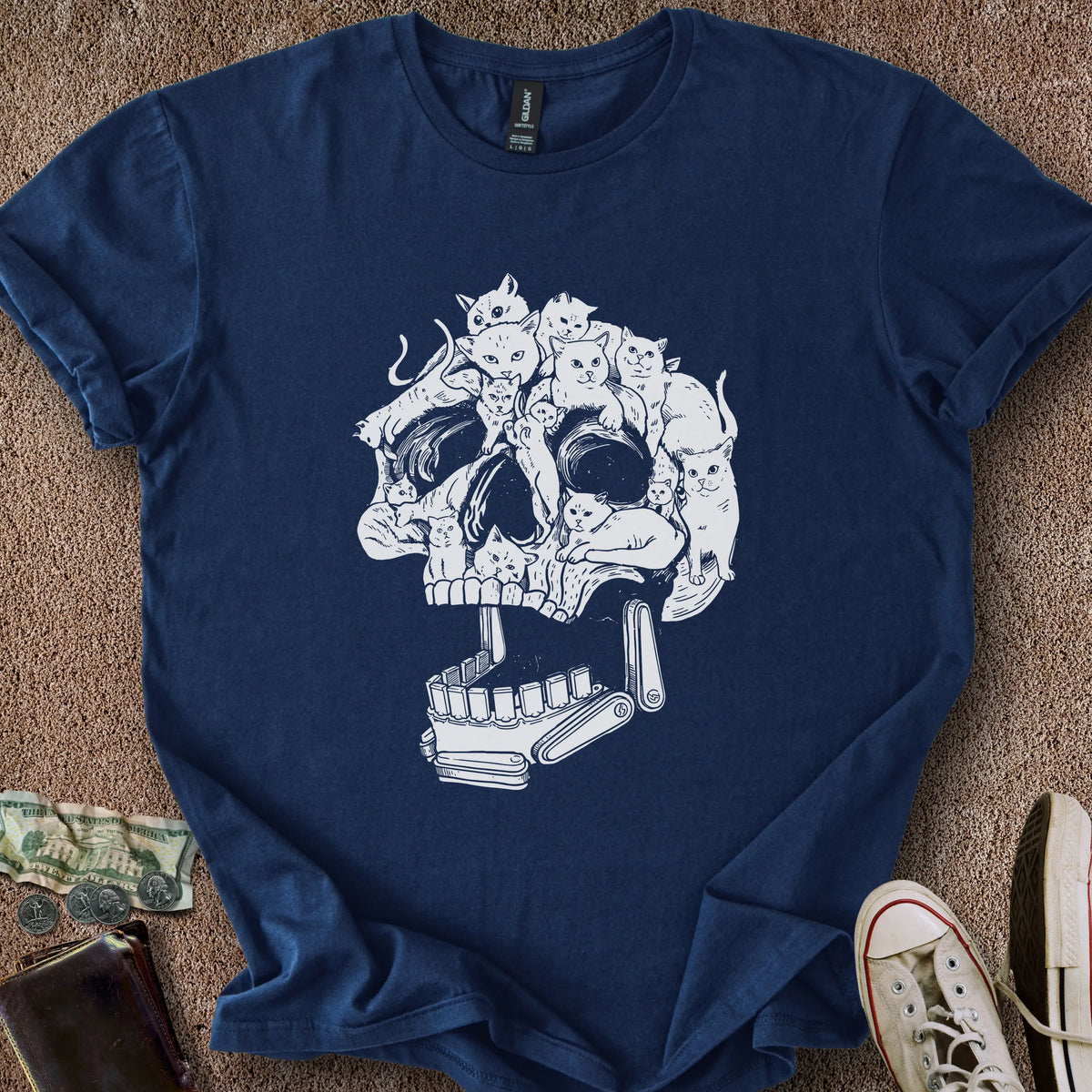 Printify T-Shirt Navy / S Pinball Cat Skull T-Shirt