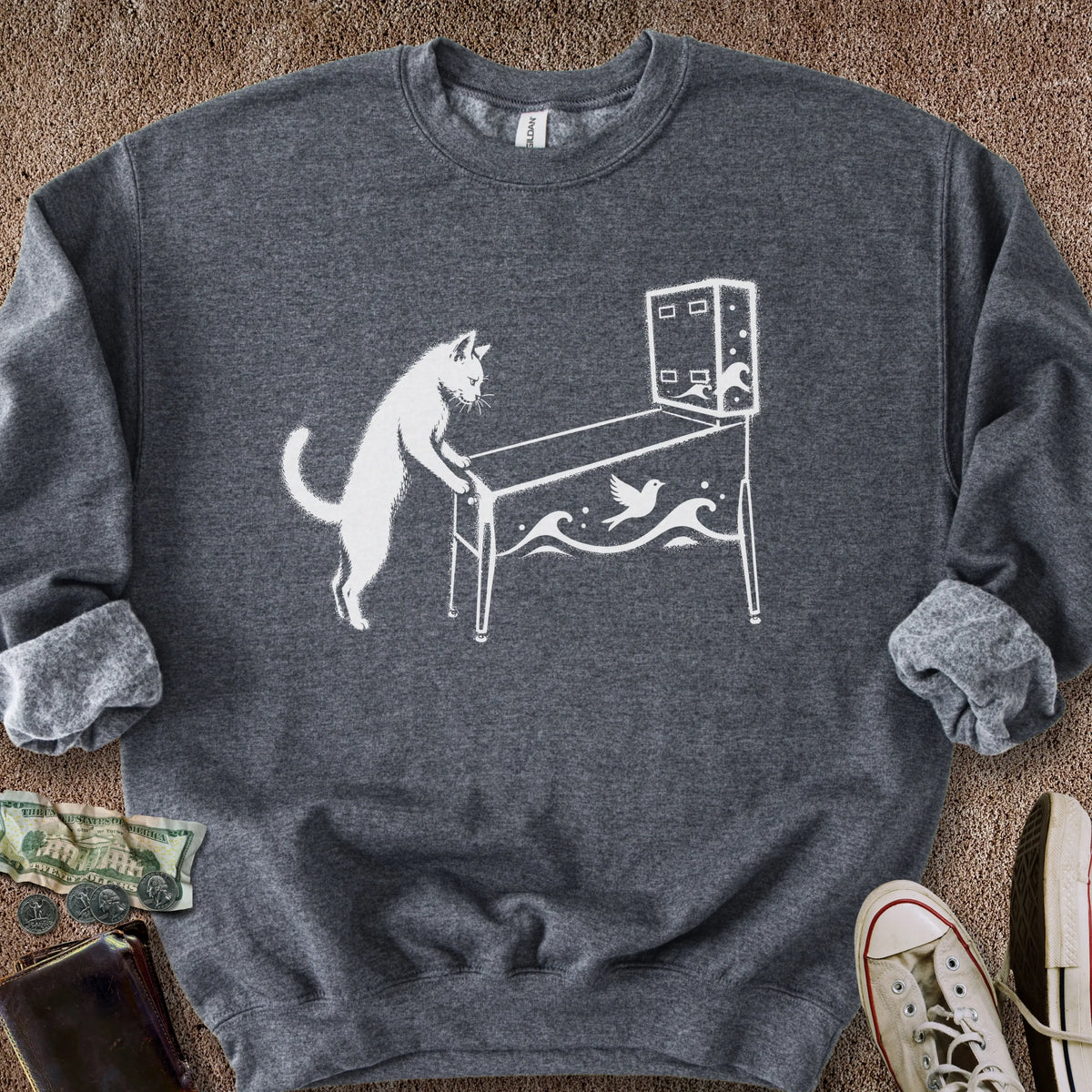 Printify Sweatshirt S / Dark Heather Pinball Cat Sweatshirt