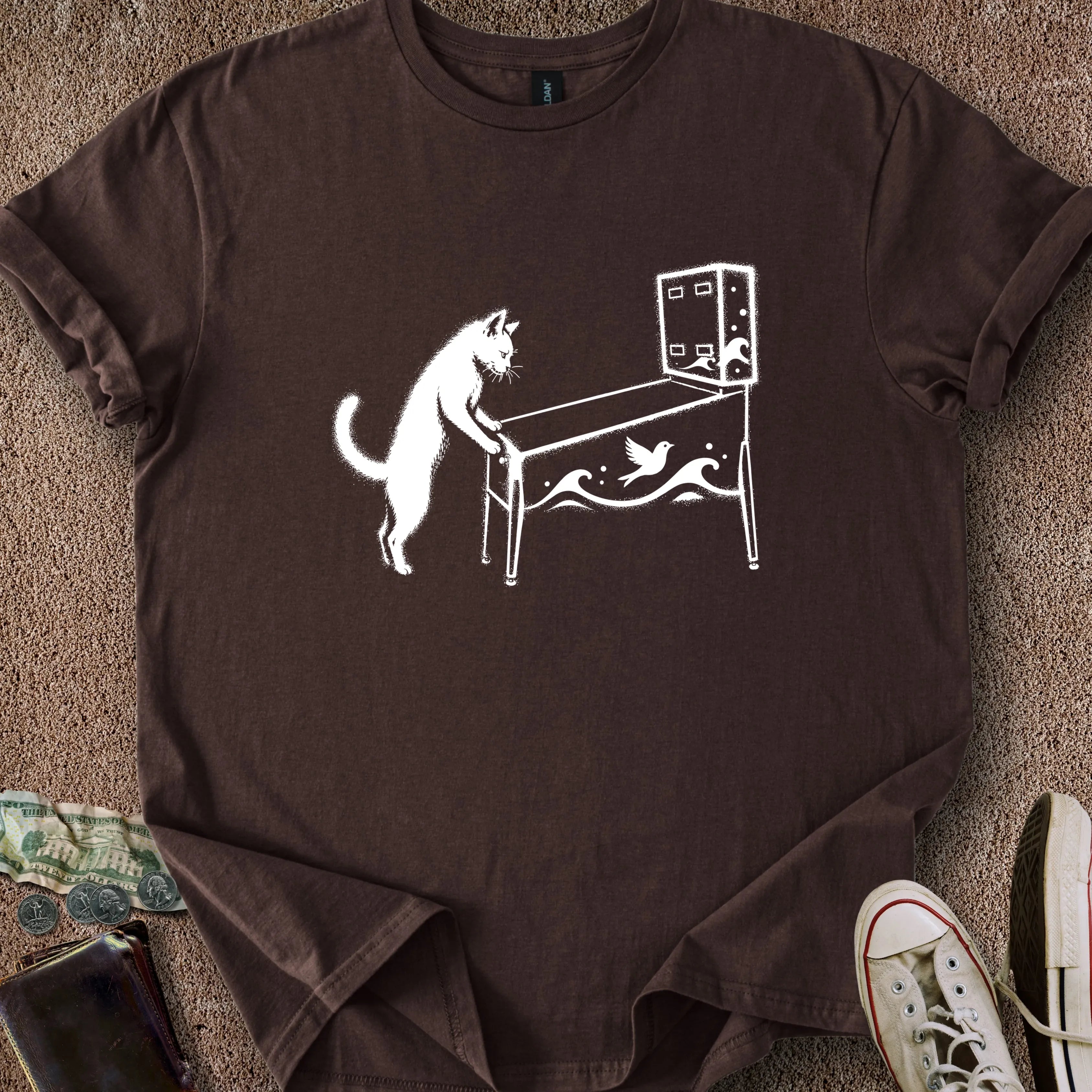 Printify T-Shirt Dark Chocolate / S Pinball Cat T-Shirt