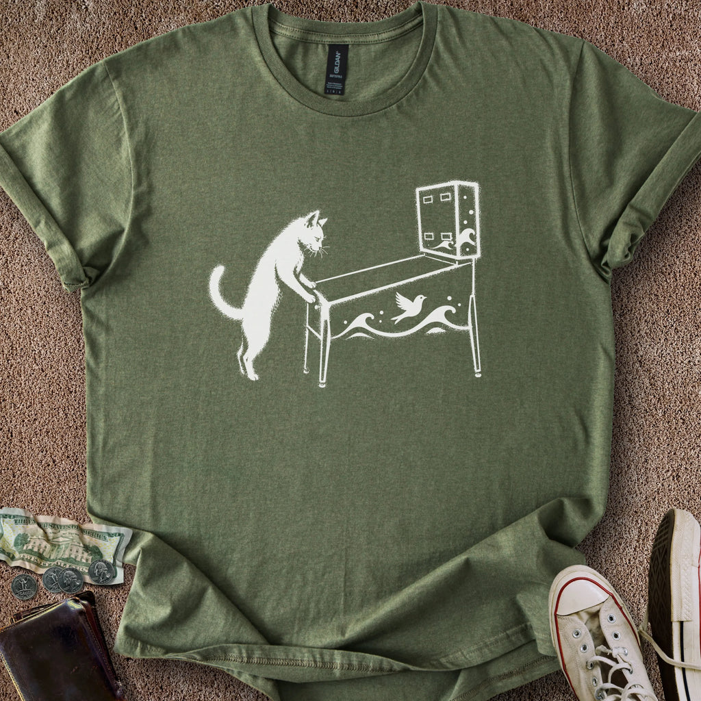 Printify T-Shirt Military Green / S Pinball Cat T-Shirt