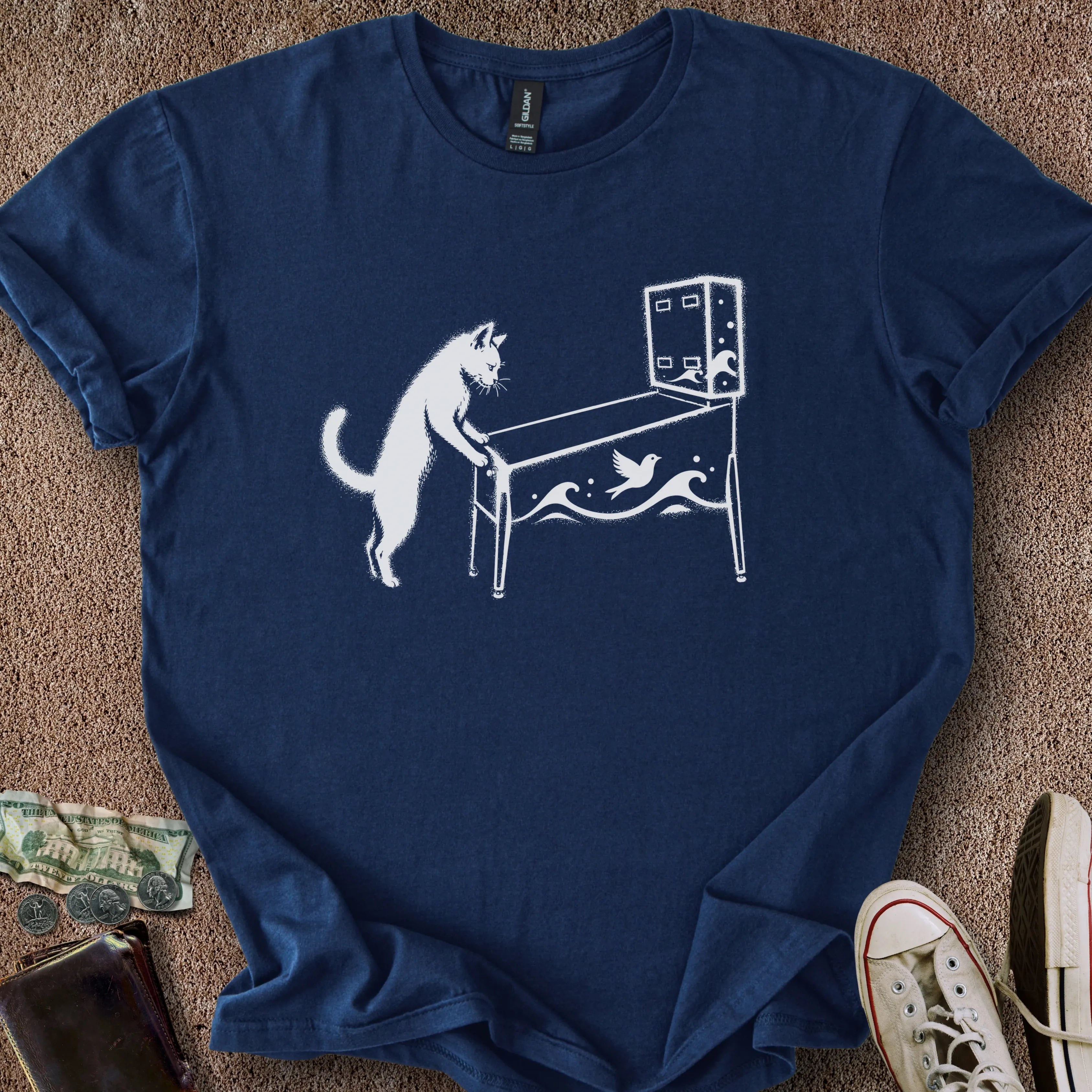 Printify T-Shirt Navy / S Pinball Cat T-Shirt
