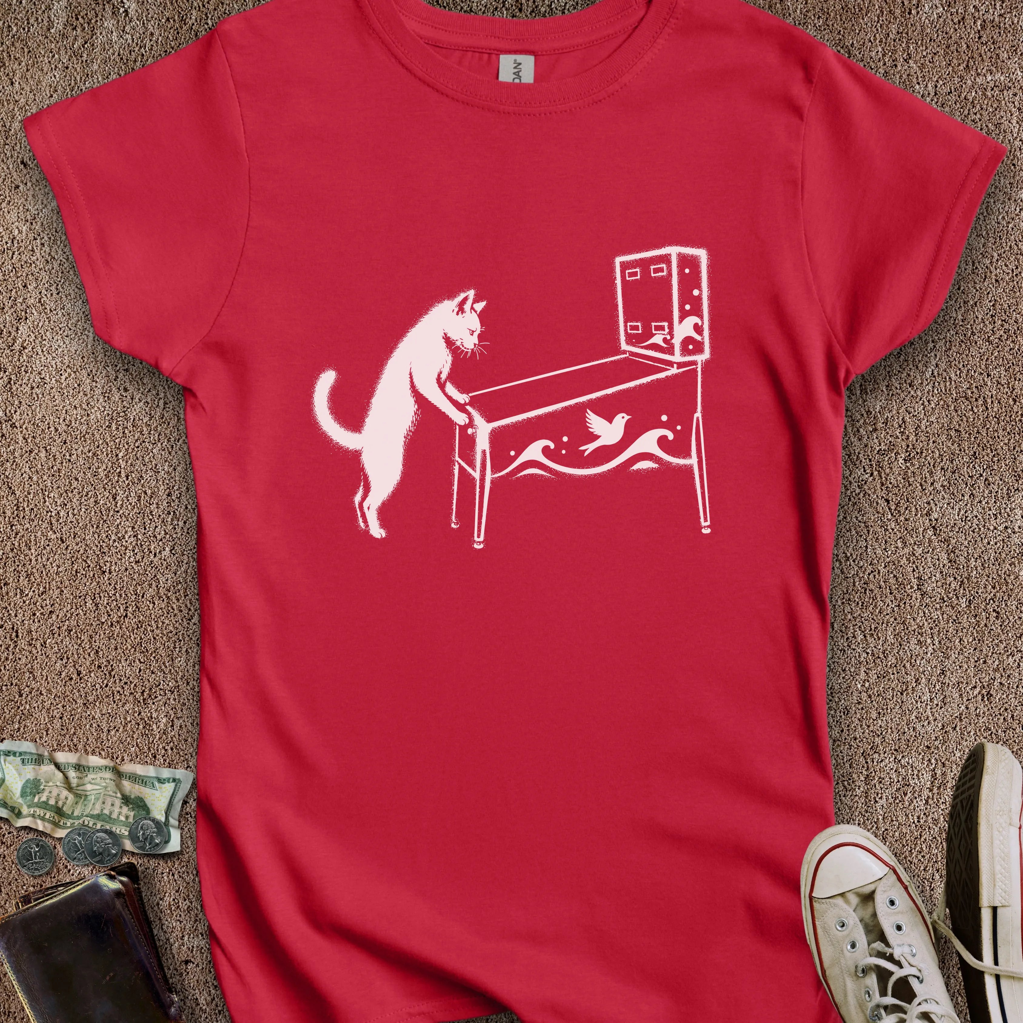 Printify T-Shirt S / Red Pinball Cat Women's T-Shirt
