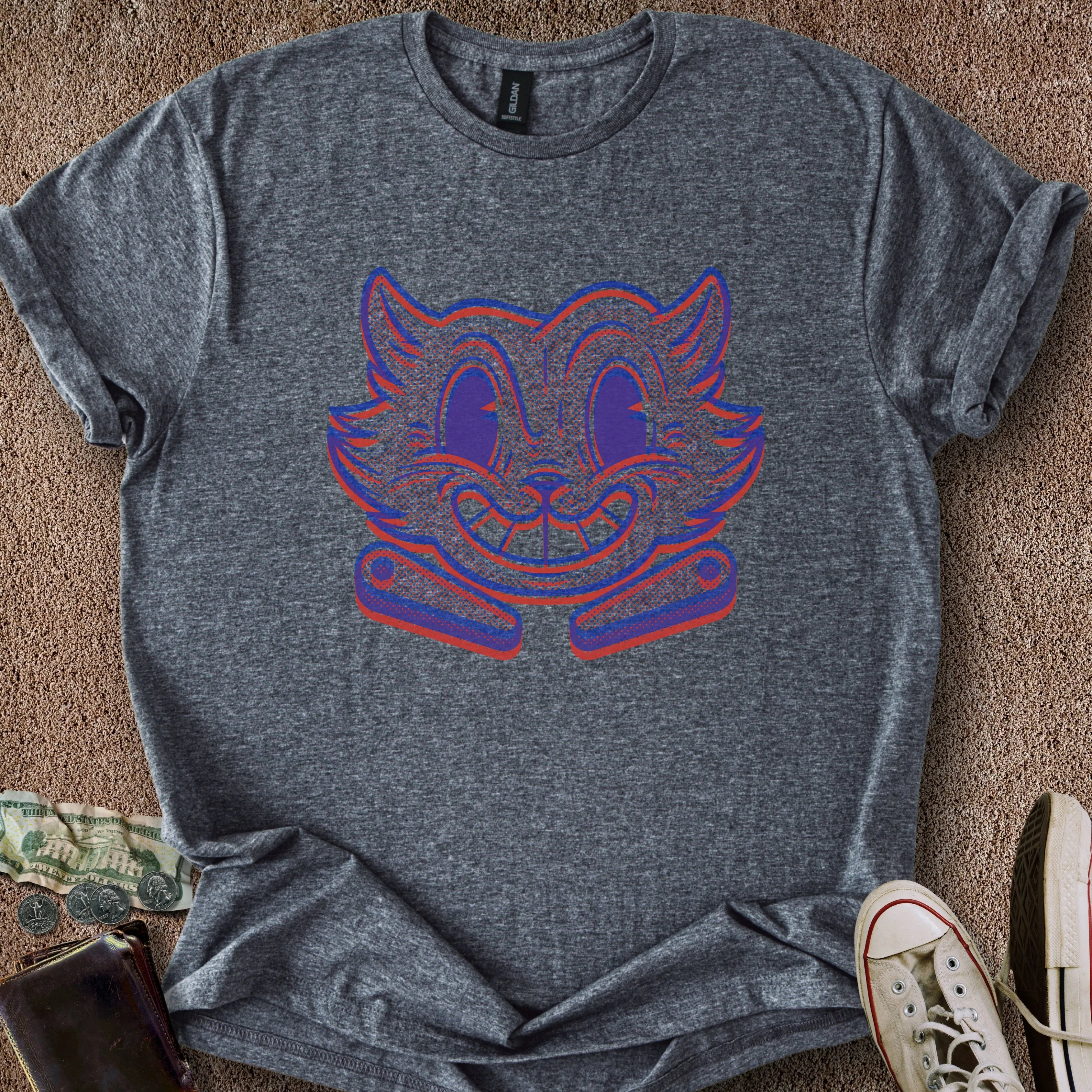 Printify T-Shirt Dark Heather / S Risograph Pinball Cat T-Shirt