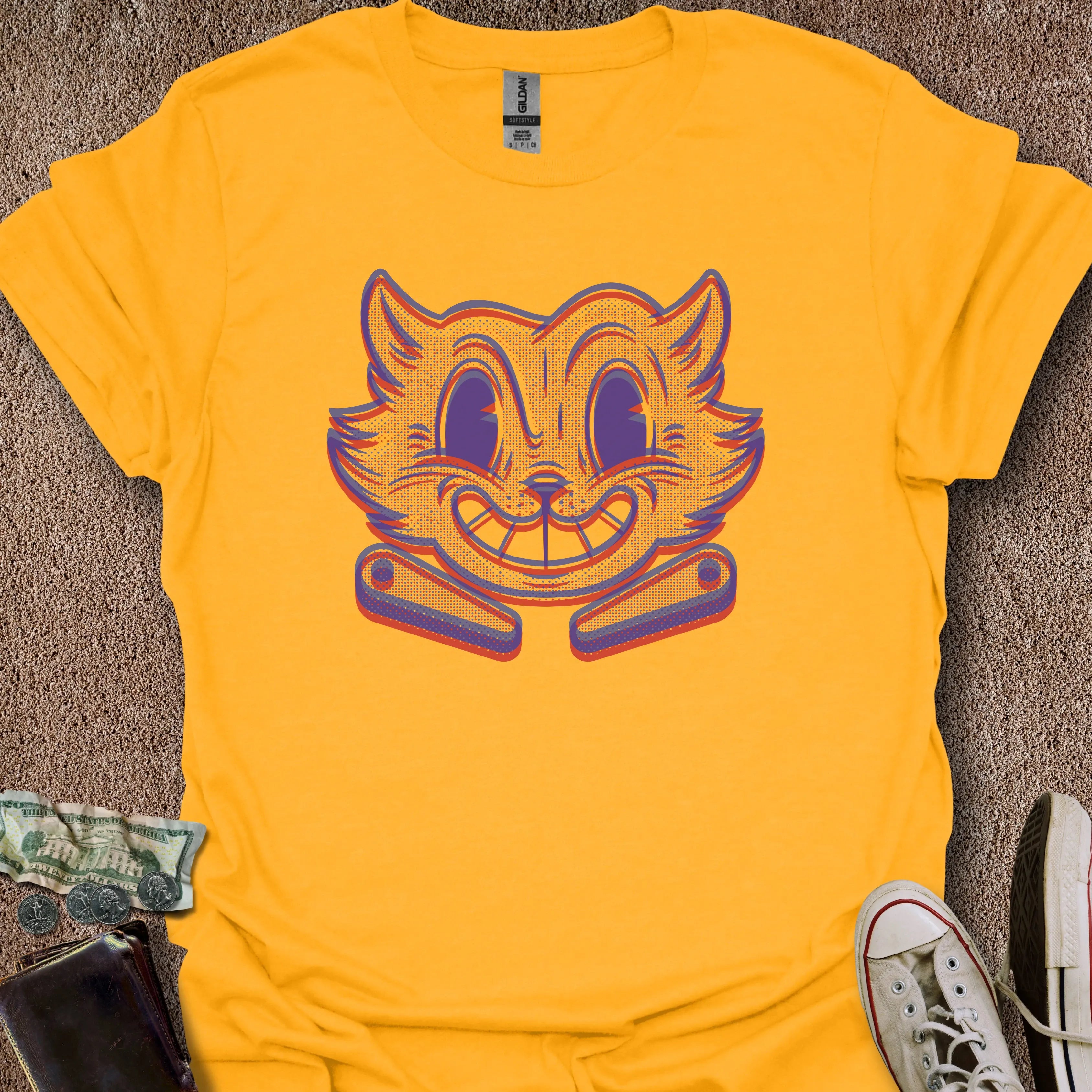 Printify T-Shirt Gold / S Risograph Pinball Cat T-Shirt